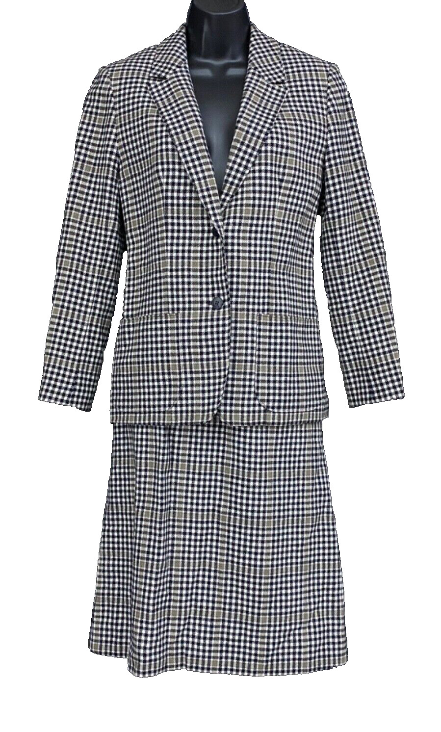 Vintage wool plaid black white gray suit jacket blazer skirt set outfit XS S