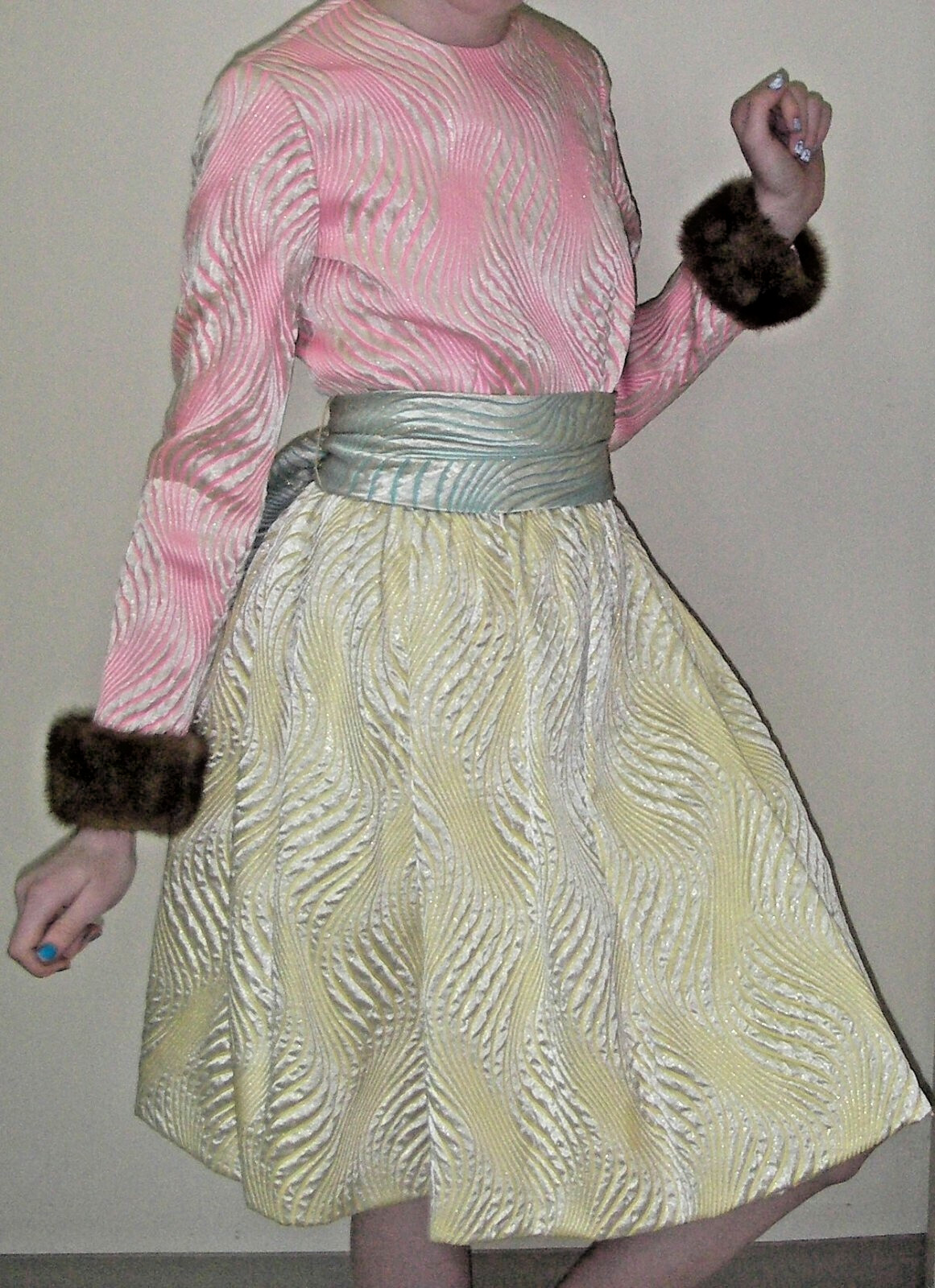 Vintage 1960s Kiki Hart Saks Fifth Ave Brocade Dress Mink Fur Cuffs Sash Belt