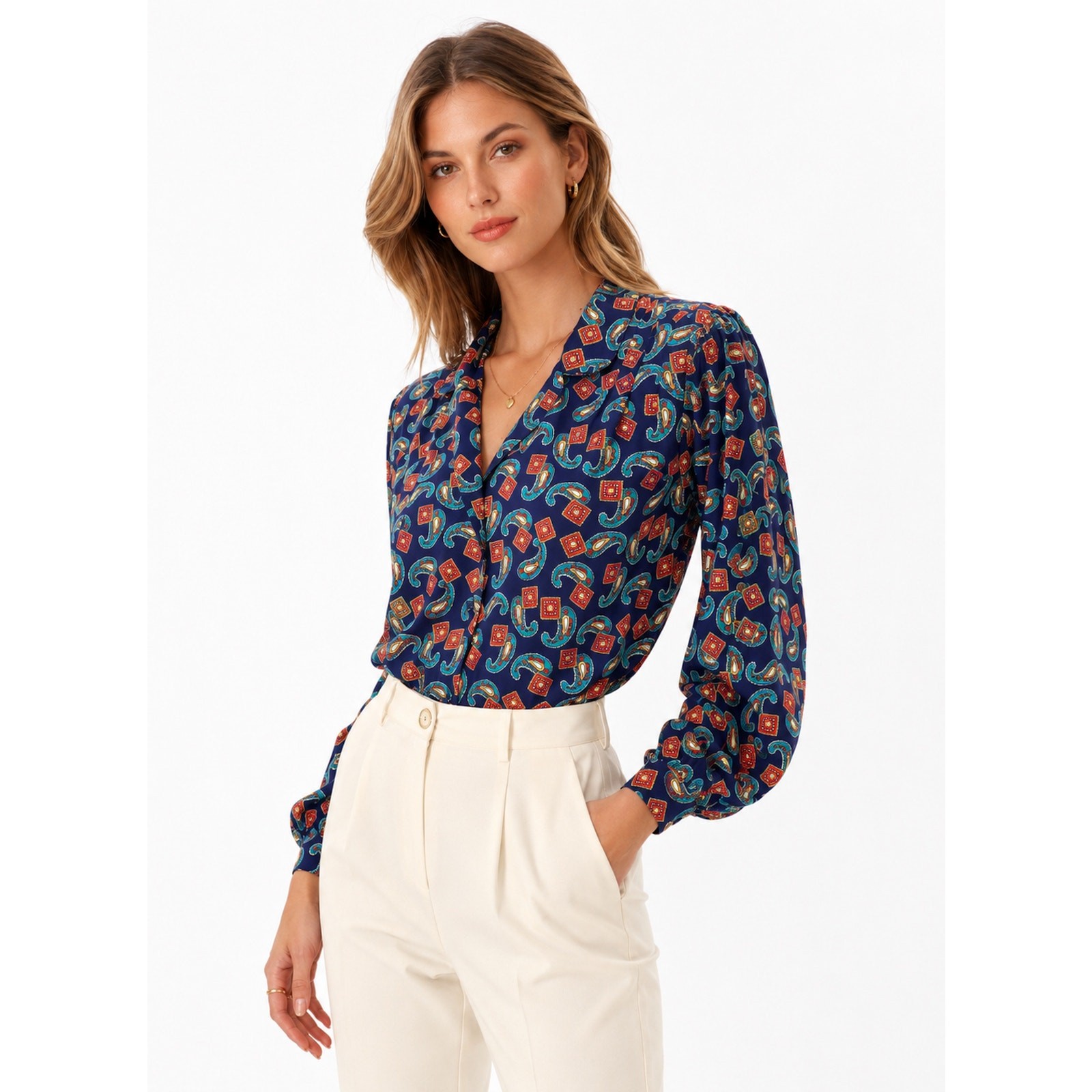 80s Silky Paisley Print Blouse Blue Teal Red Gold Josephine Size 6