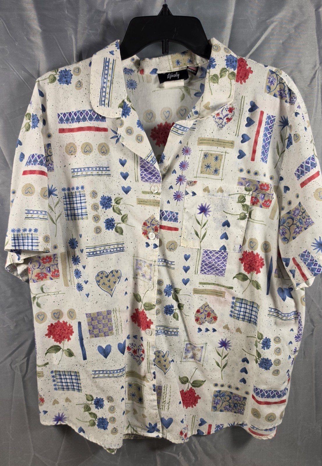 VTG 90s Tapestry Patchwork Floral Heart Printed Short Sleeve Button Up Shirt XL