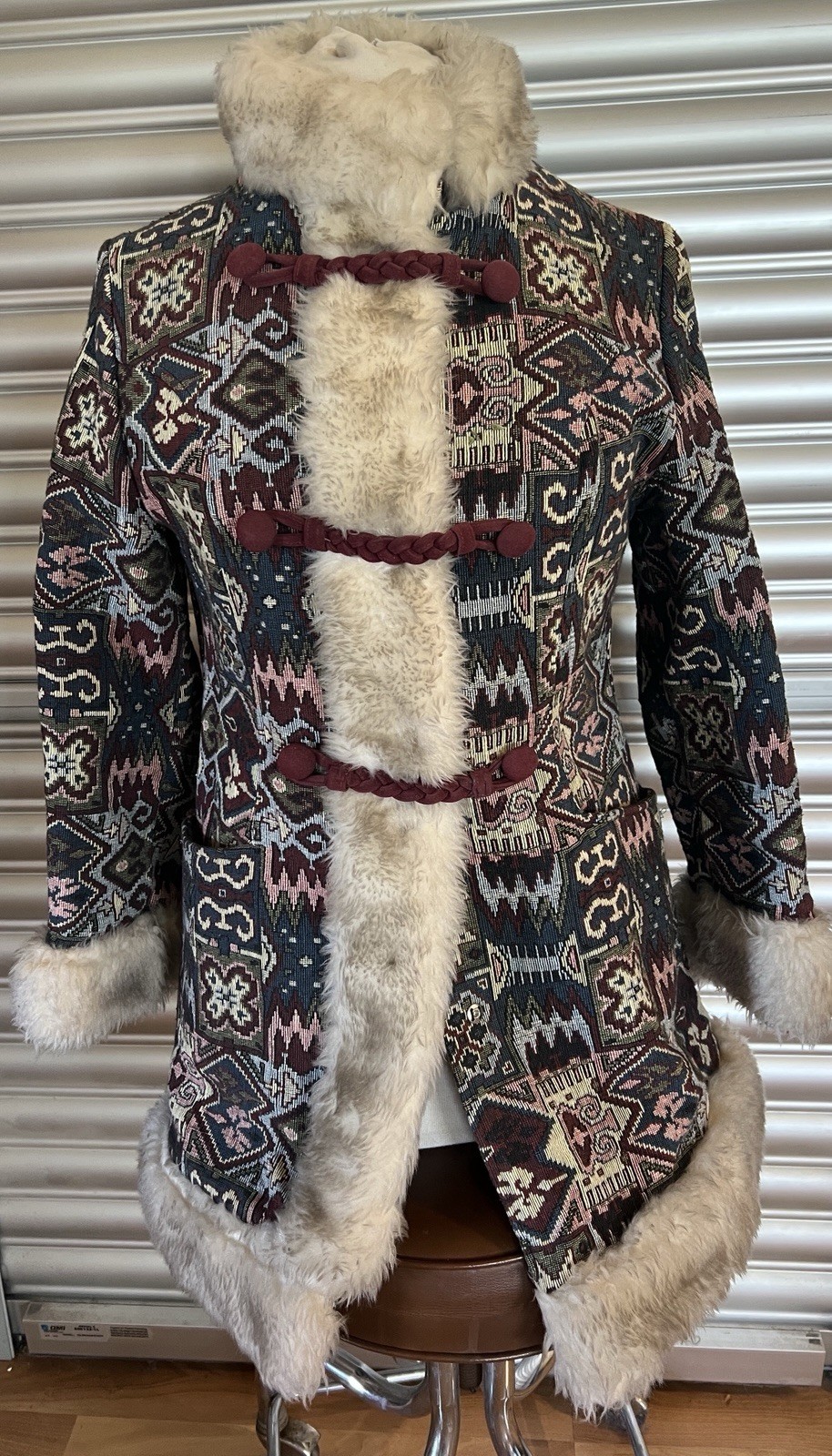 Vtg 60’s Boho Tapestry Carpet Coat Faux Fur