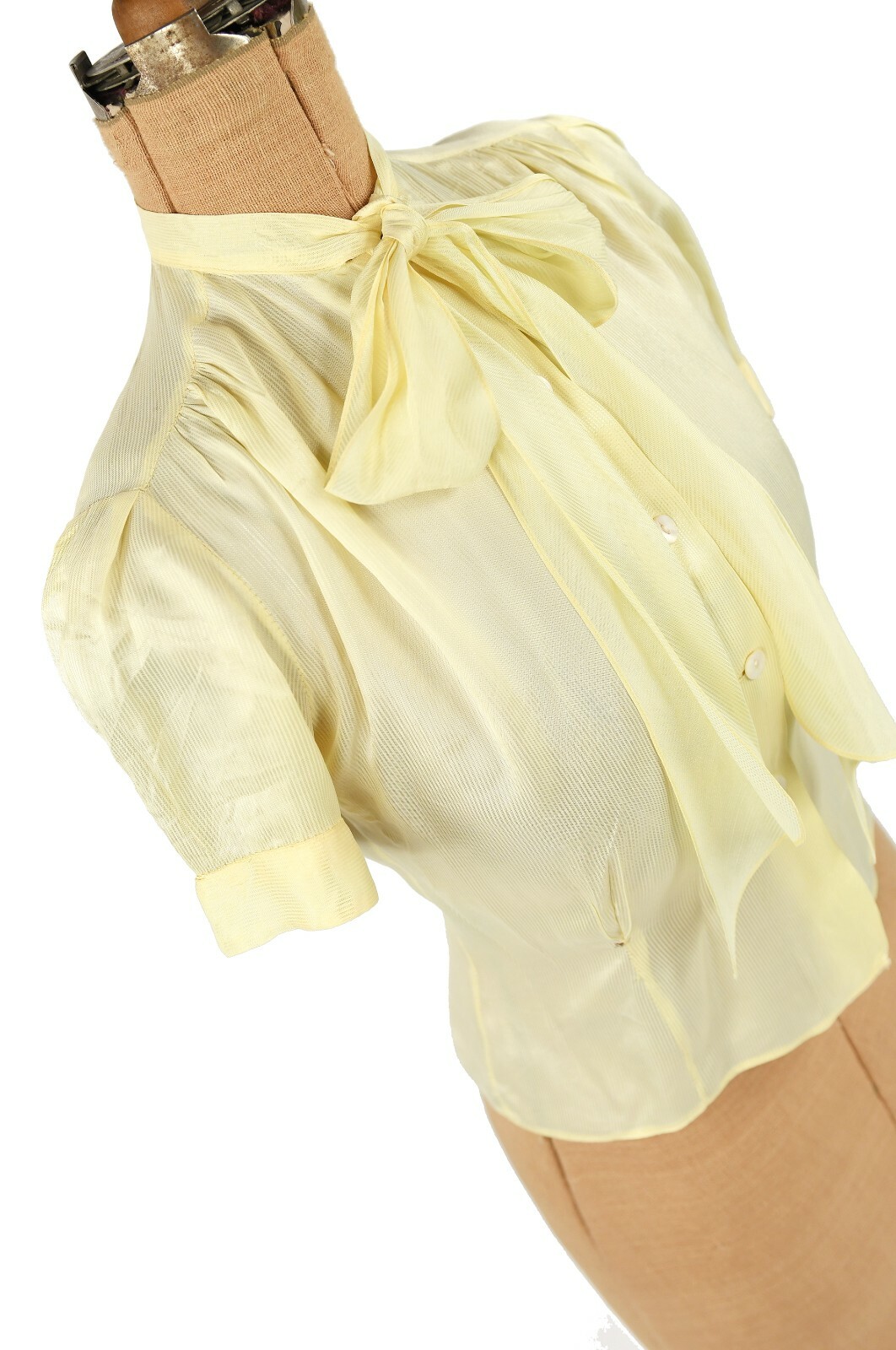 Vintage 40s Fruit of the Loom Semi Sheer Yellow Cream Nylon Ascot Tie Blouse M