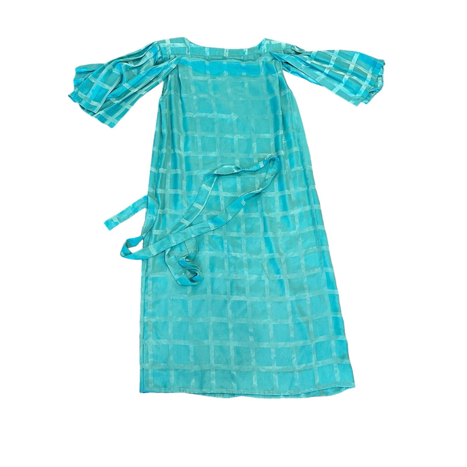 Vintage Teal Blue Windowpane Satin Midi Dress Pleated Flutter Sleeve Belted M