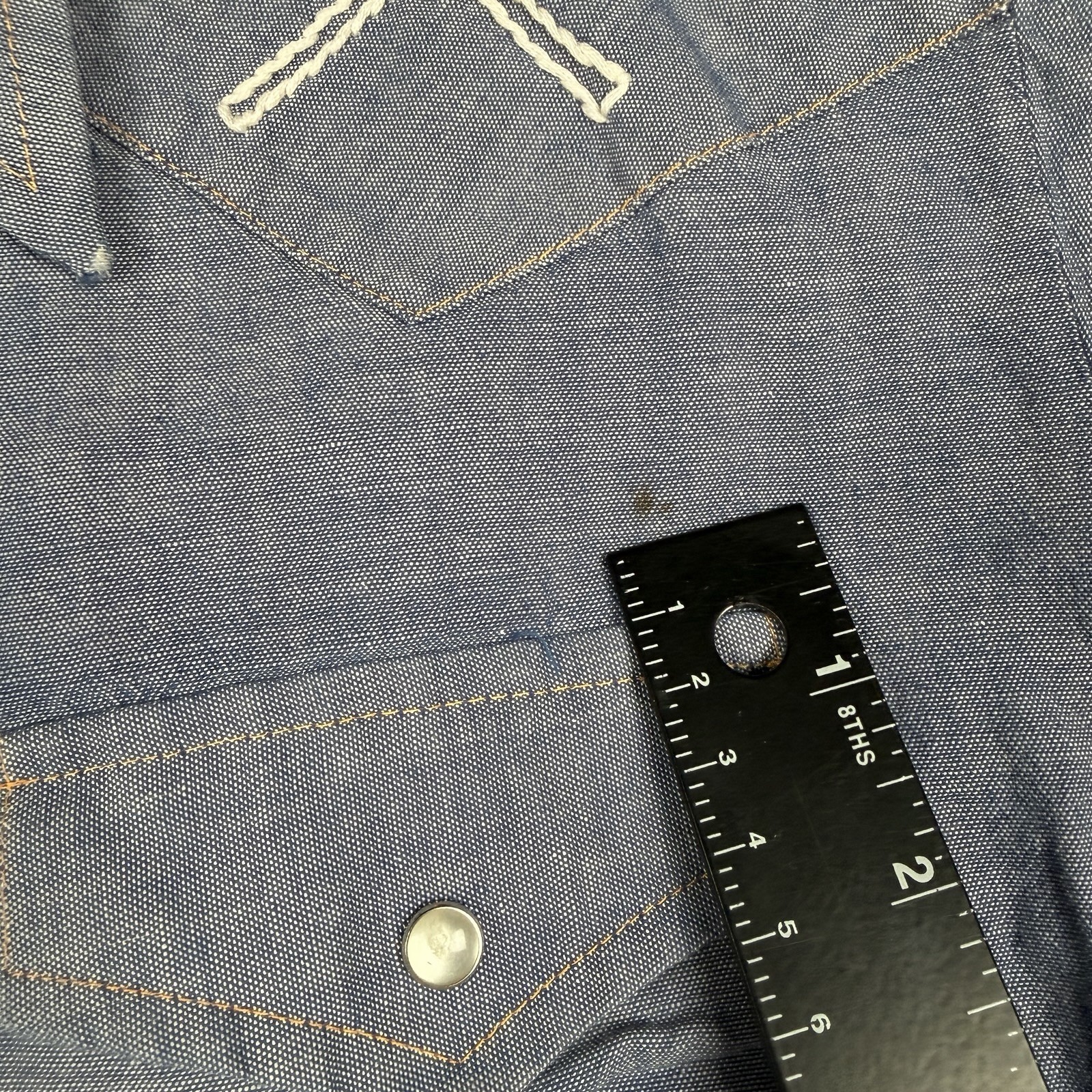 VTG 70s Sears Western Wear Pearl Snap Shirt Womens M Blue Chambray Embroidered
