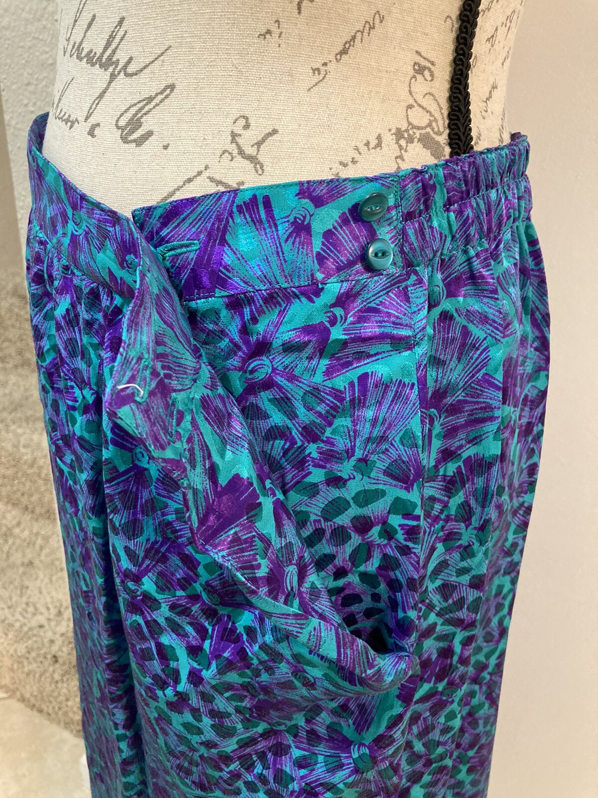NORA NOH Asymmetric Blouse Maxi Skirt Set 100% Silk Jewel Green Purple Vtg 14