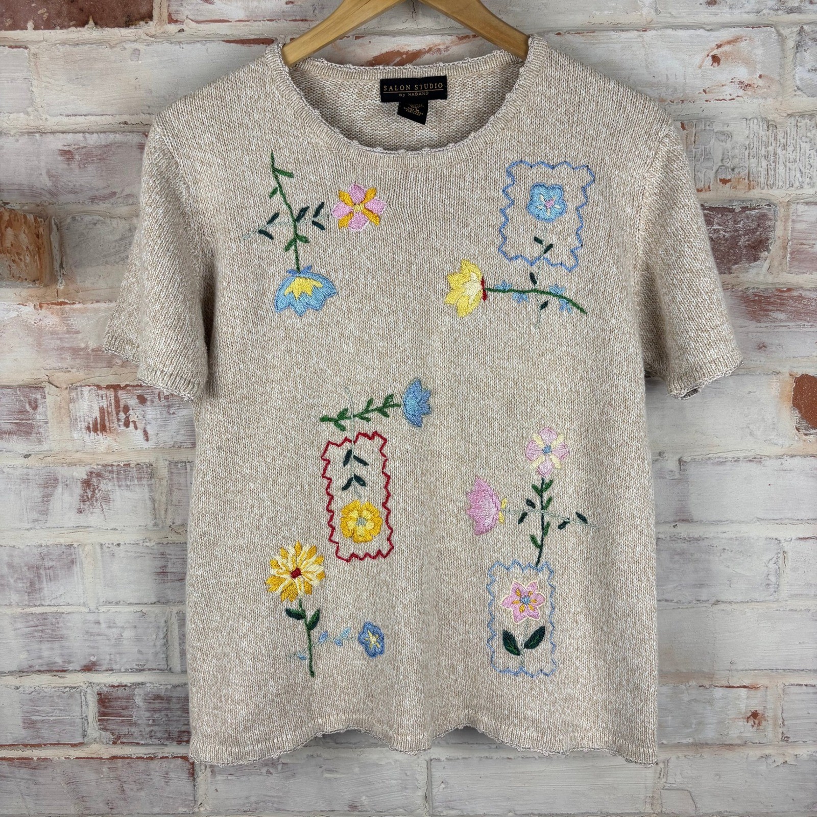 Vintage Salon Studio Haband Ramie Embroidered Floral Short Sleeve Knit Sweater M