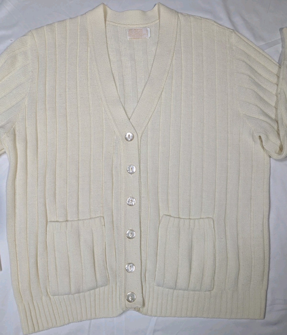 Women’s Vintage Ivory Mother Of Pearl Button Up Knitted Cardigan Sweater Sz XL