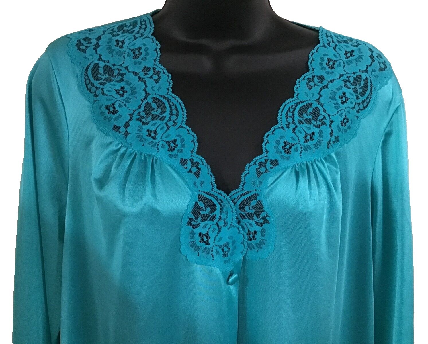 Vanity Fair Medium Vintage Teal Robe Covered Buttons Lace Trim