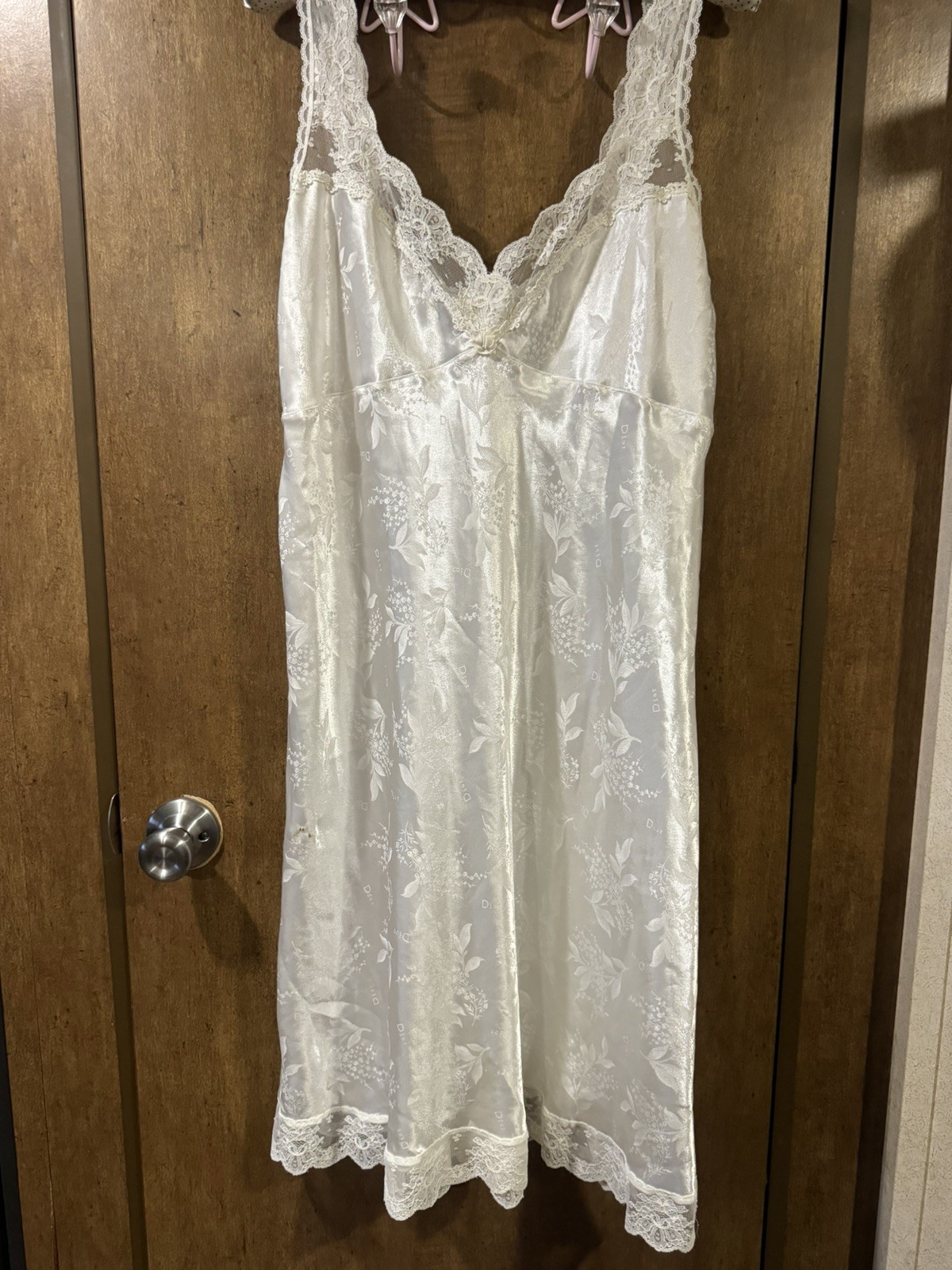 Vintage Christian Dior Chemise Women Medium Ivory Satin Lace Lingerie Slip Dress