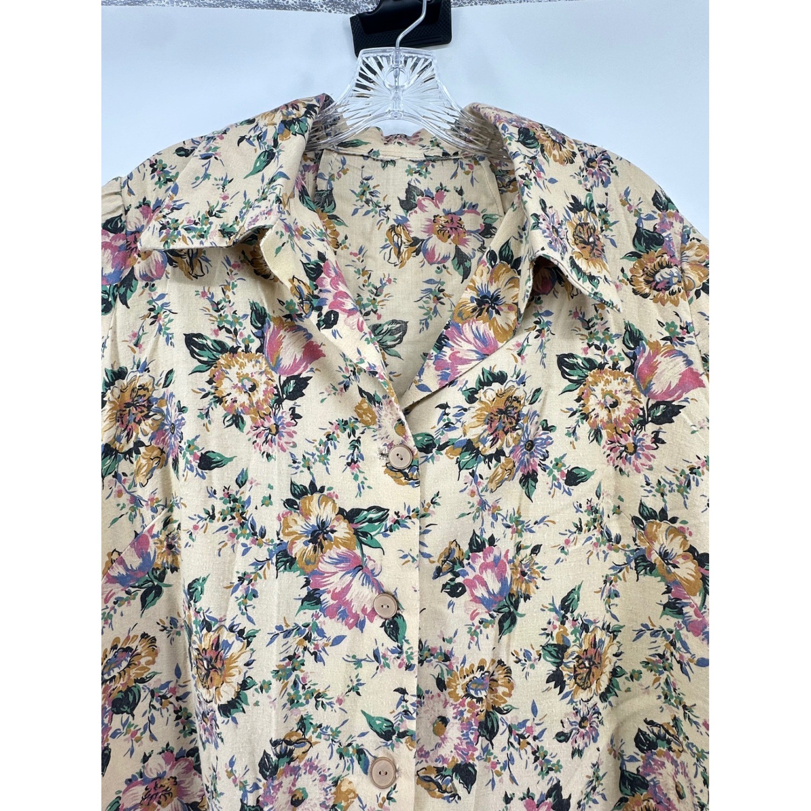 Vintage Floral Button Up Blouse Short Sleeve Beige Pink Cottagecore Top No Tag