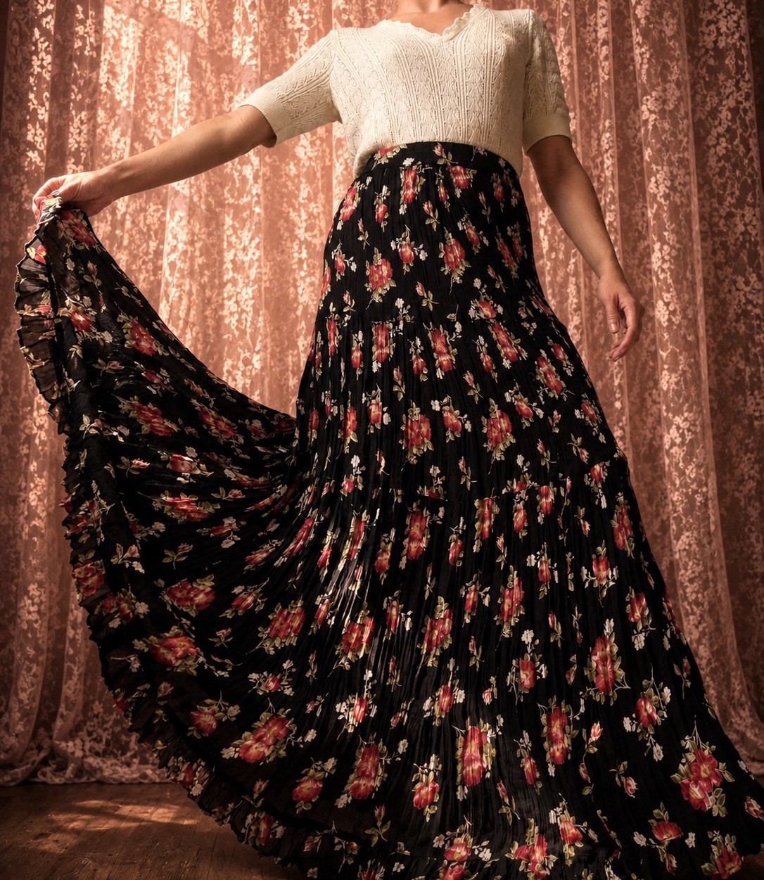 1990s rose rayon full sweep dark romantic skirt