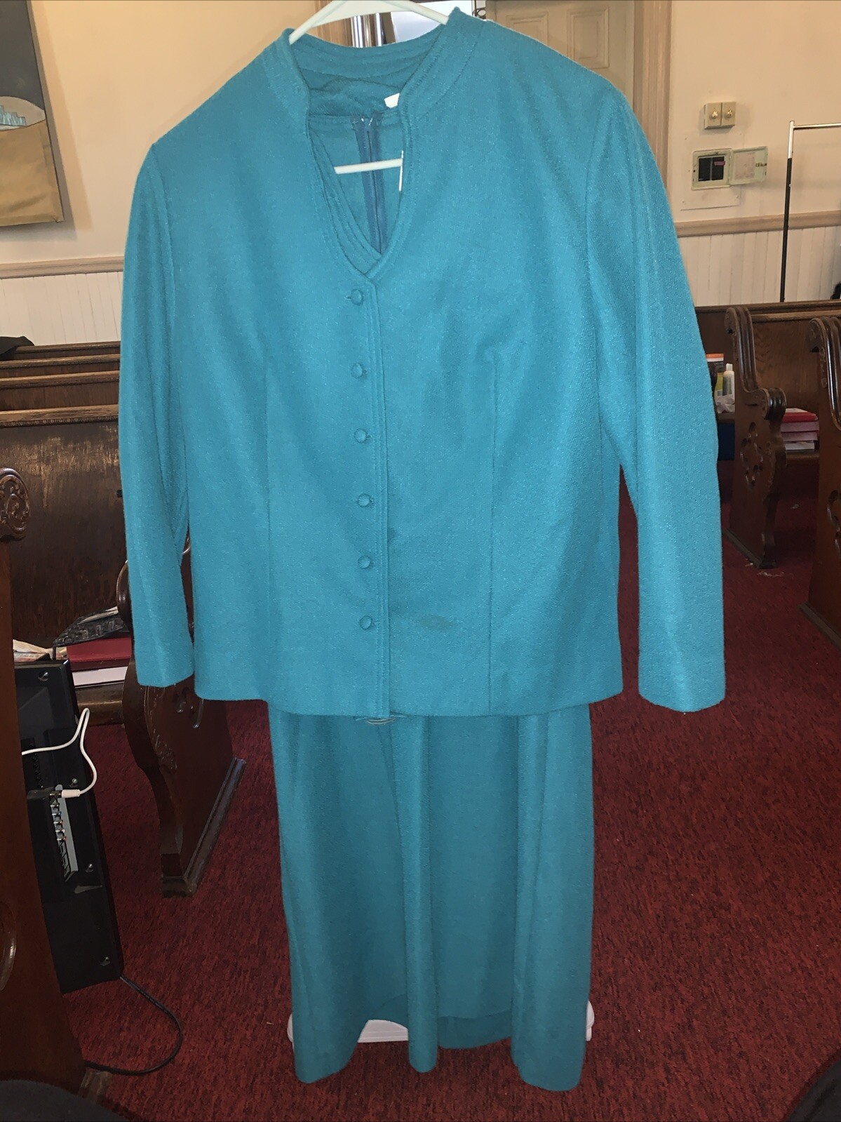 VTG 70s 80s Secretary Green Dress Suit Set W/ Jacket & Belt M/L Leslie Pomer