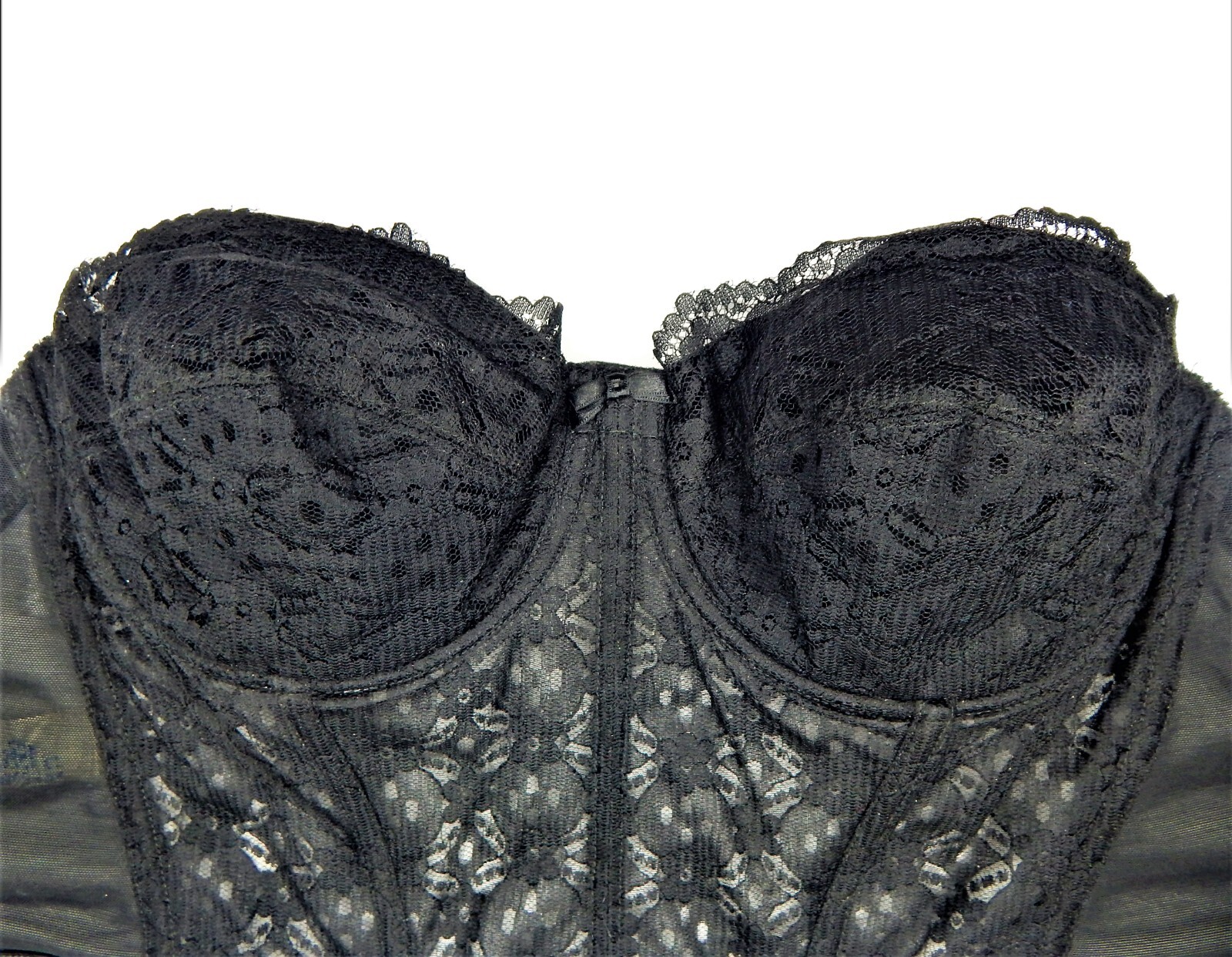 VTG Sears Black Lace Longline Padded Strapless Wire Bra 38C Low Plunging Back