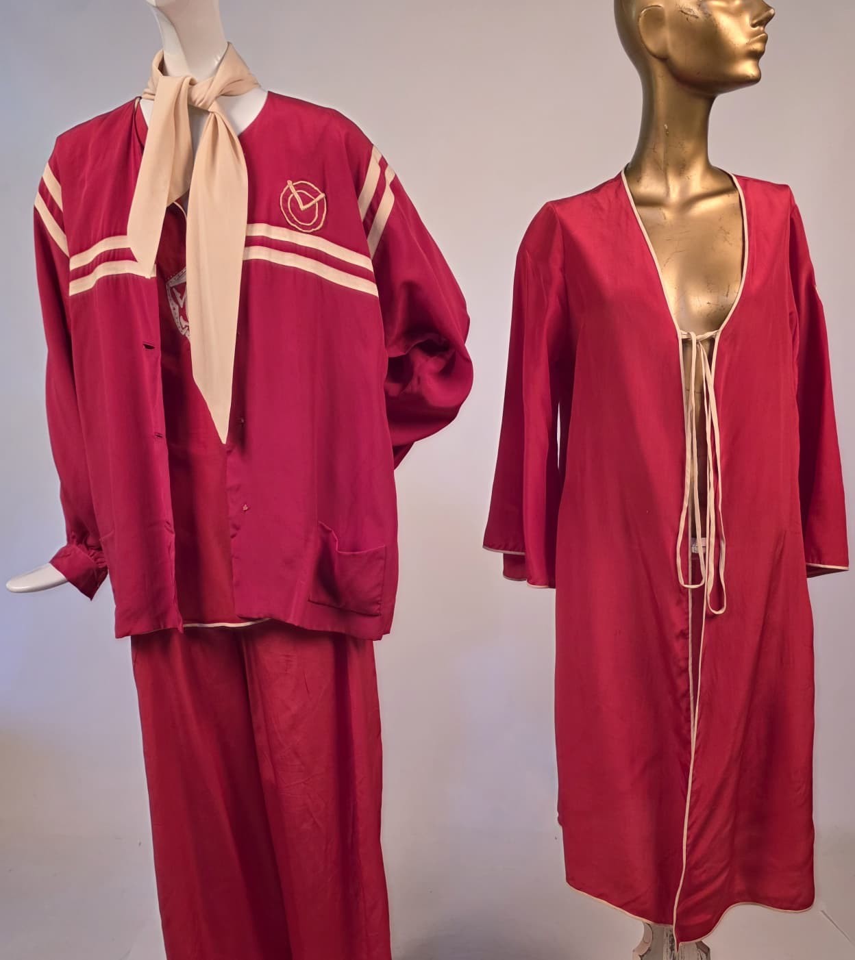 ART DECO 1920’S 4 PC SILK LINGERIE SET W 2 TOPS + ROBE + LOUNGING PANTS