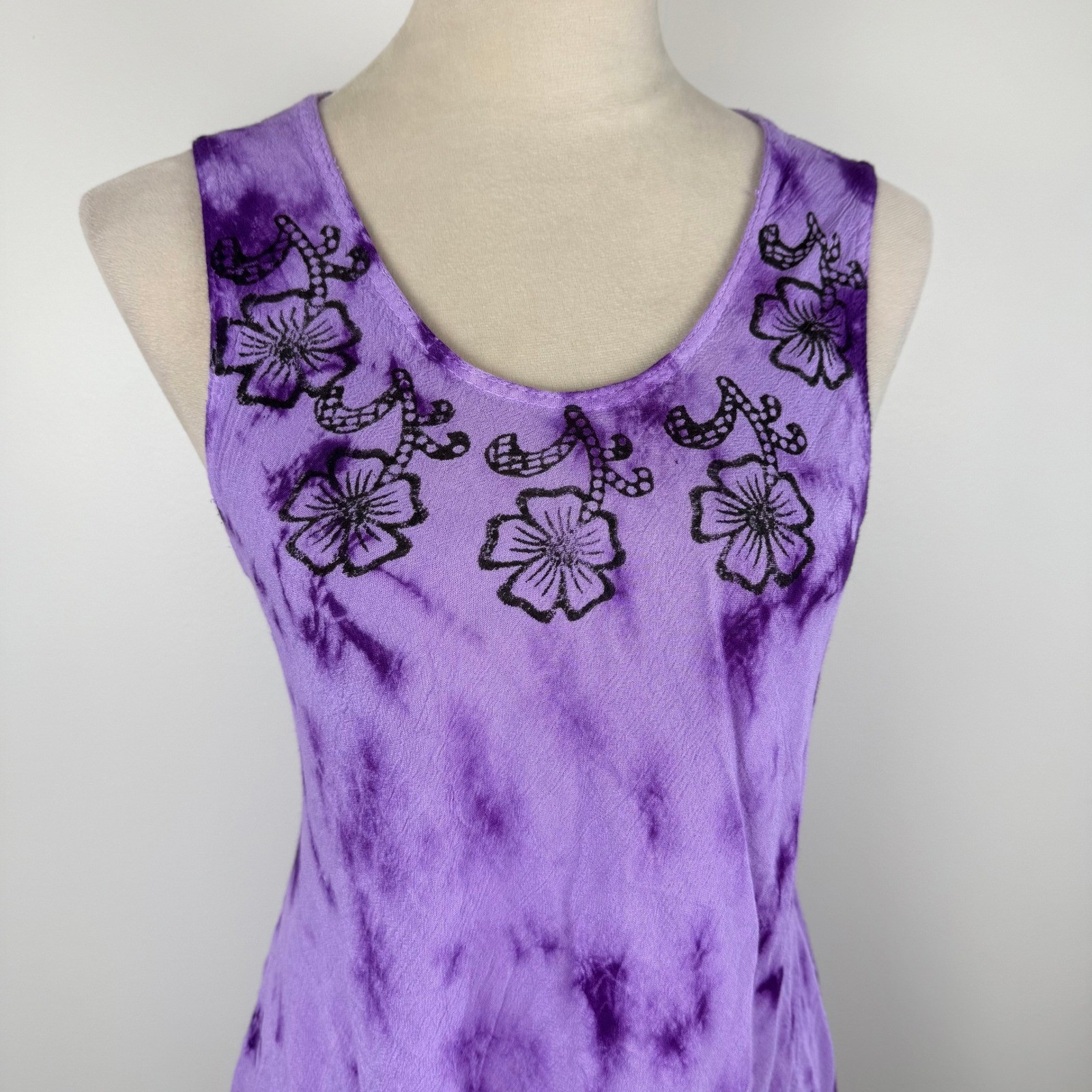 Boutique Purple Tie Dye Floral Print Handkerchief Hem Viscose Boho Hippie Dress
