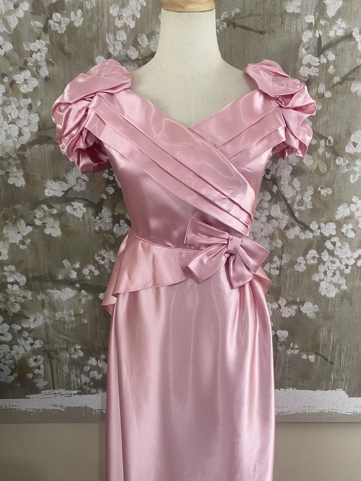 VTG 70’s Pink Satin Union Made Coquette Back Cascade Prom Bridesmaid Dress S
