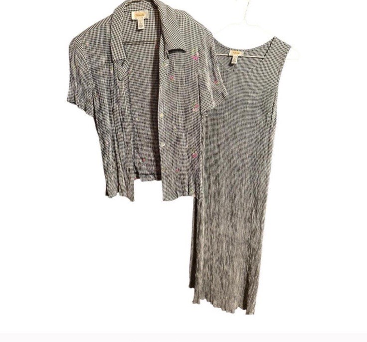 Vintage Talbots Gingham Dress Set Womens 12P Black White Embroidered Floral 90s