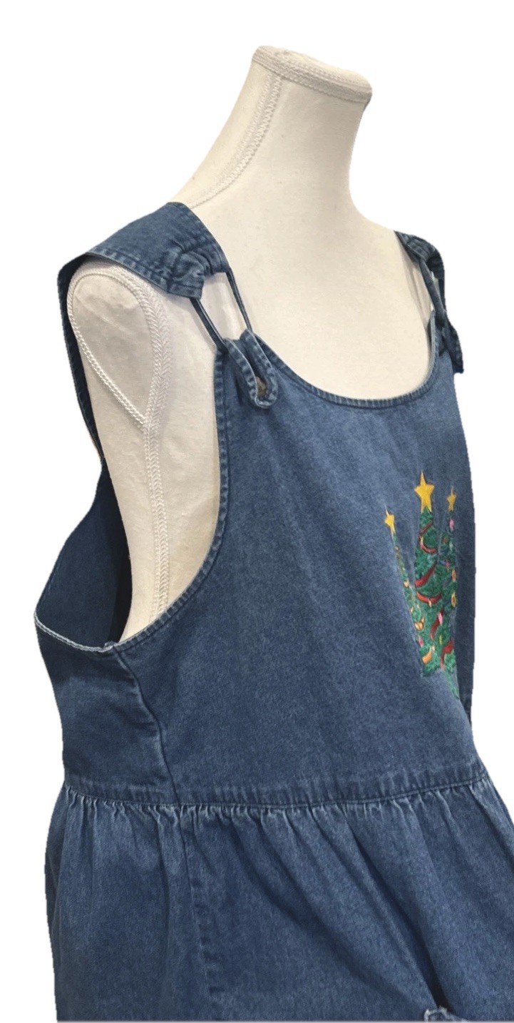 VTG Westbound Denim Christmas Holiday Embroidered Pockets Maxi Jumper Dress XL