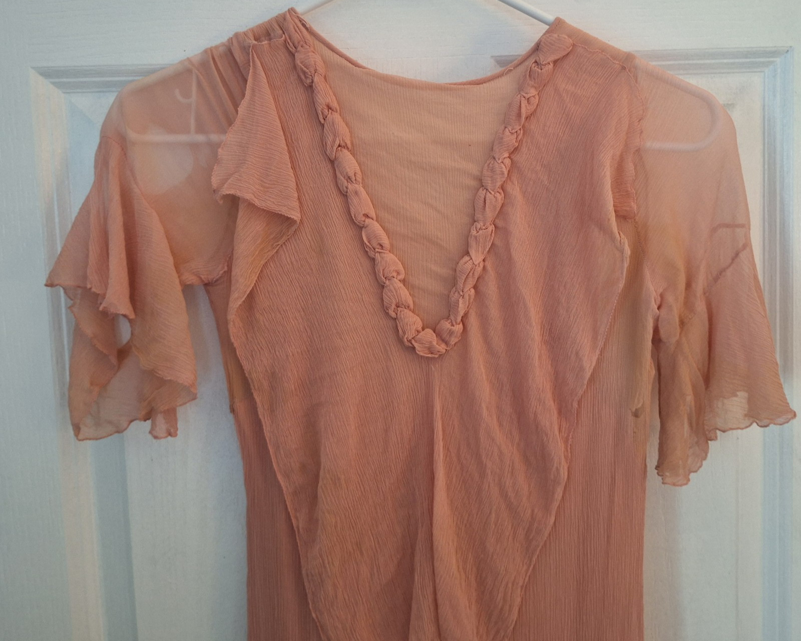 Antique 1930s Peach Chiffon Dress Rosette Trim Flutter Sleeve AS IS Art Deco