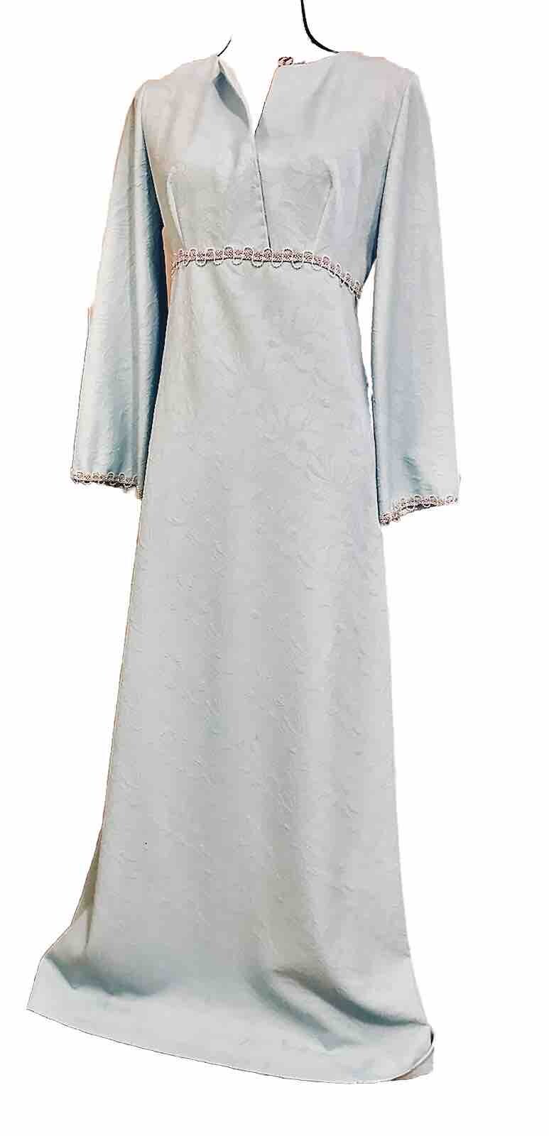 Vintage Handmade Baby Blue Silver Pearl Floral Kaftan Bell Kimono 1960’s Gown