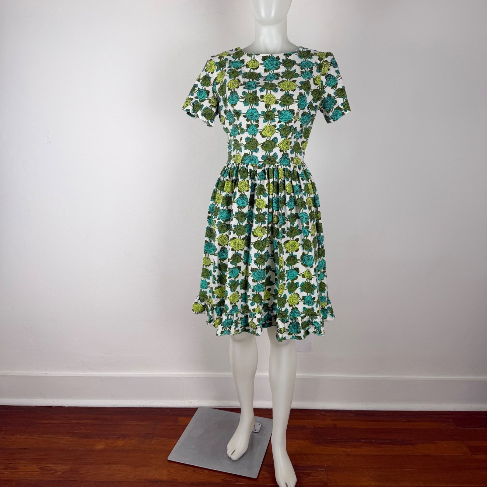 VTG 50s 60s MCM Green Rose Fit Flare Dress Ruffle Hem 26 Waist (homemade