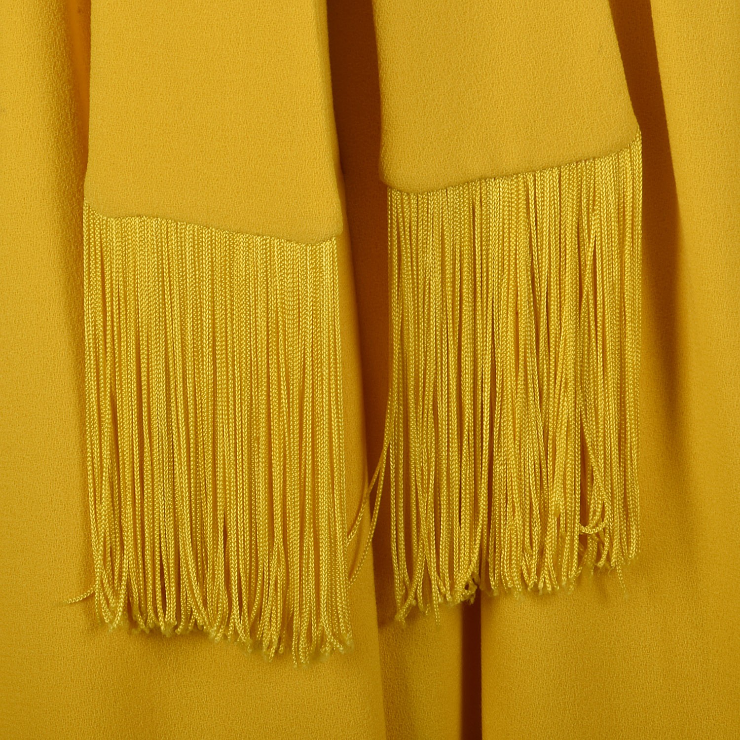 M Yellow Dress 1970s Long Sleeve Collared Fringe Belted Shirtdress Boho 70s VTG