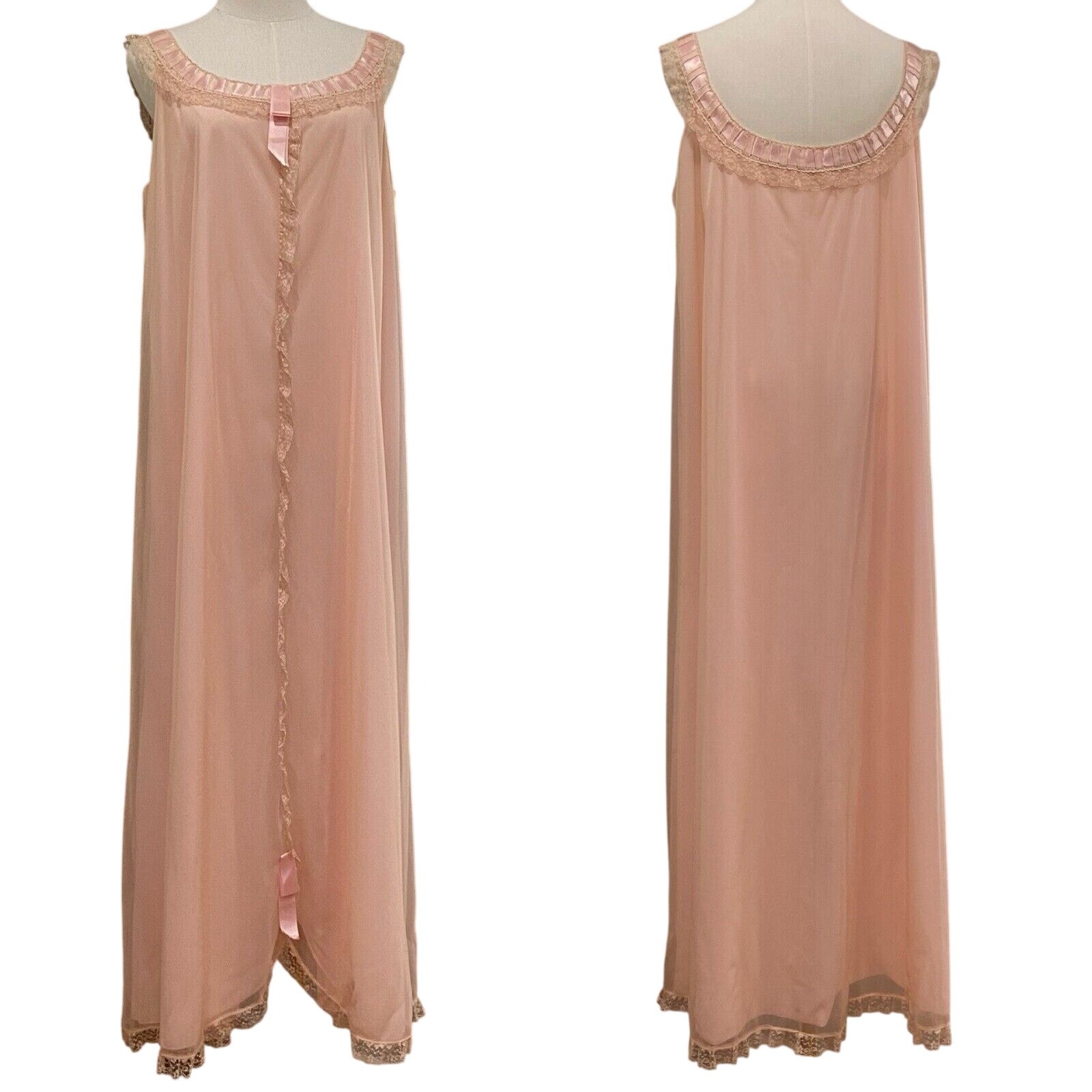 Vintage 60s Odette Barsa Pink Nylon Chiffon Ribbon Lace Maxi Nightgown Size M