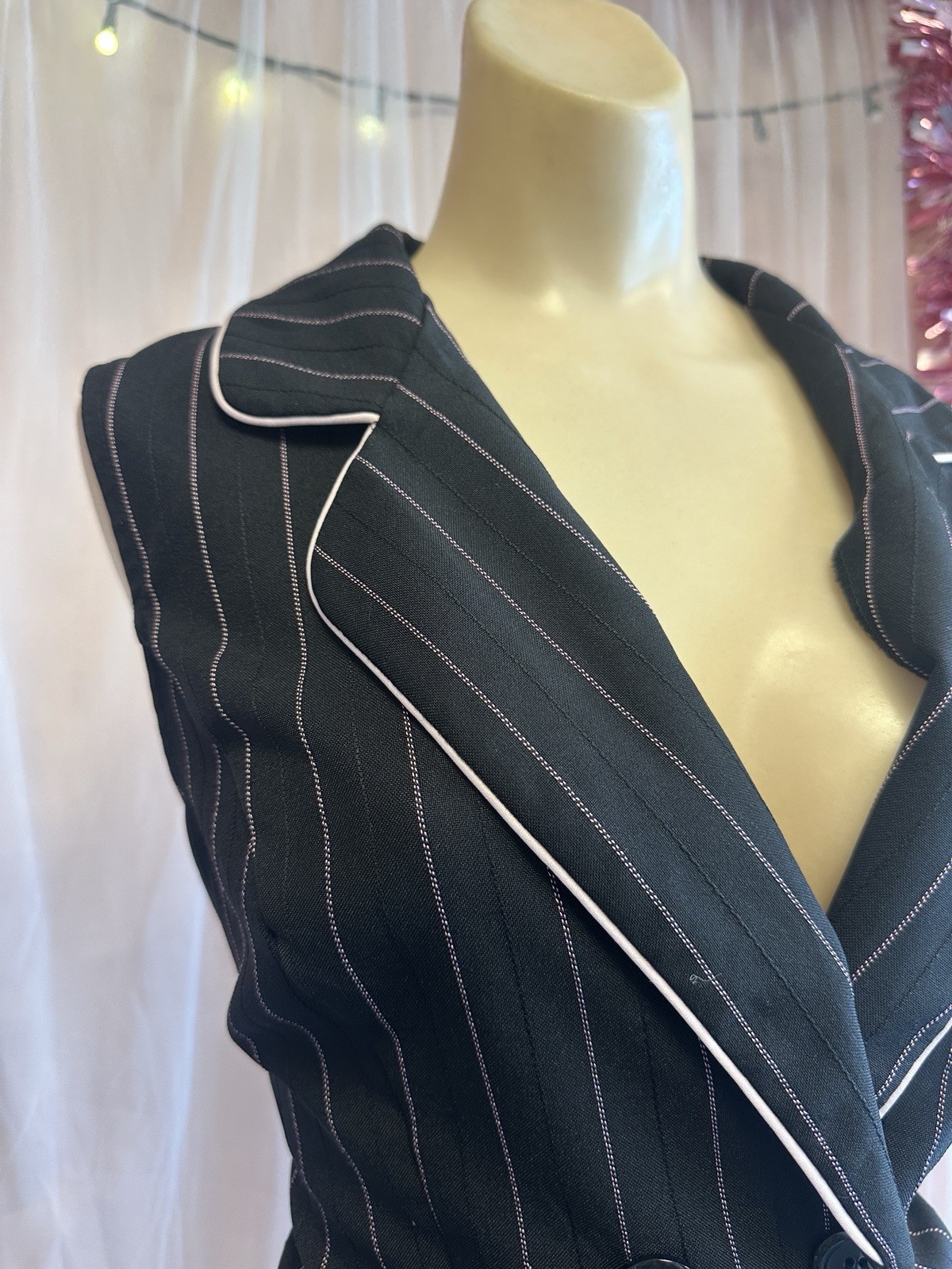 Vintage 90s Pinstripe Vest Top Black Pink Sleeveless Preppy Minimalist M/L