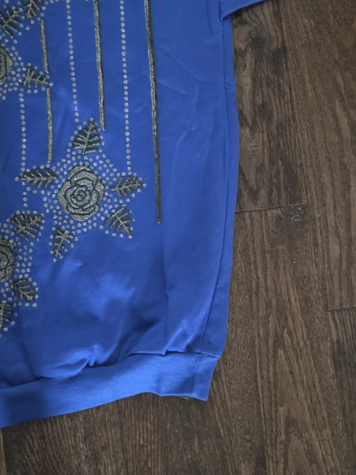 Vintage 80s Blue Glitter Rose Sweatshirt Oversized Batwing Dolman Sleeve Floral