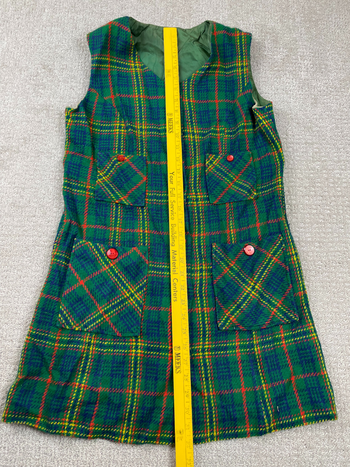 Vintage Cracker Barrel Jumper Mini Dress Womens Green Tartan Plaid Wool 50s 60s
