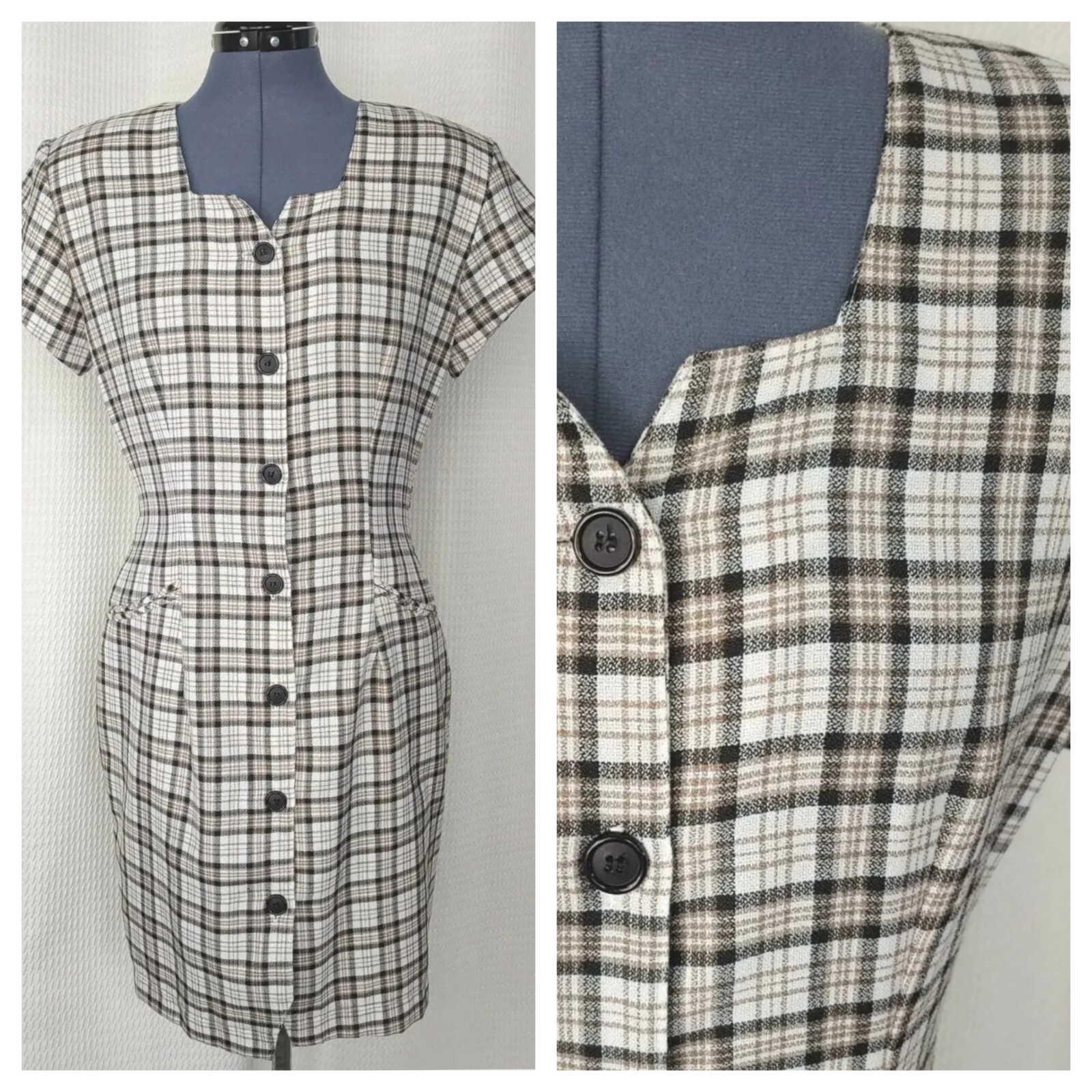 Vtg La Belle Crm, Blck & Brwn Plaid Dress w Button Down Front 38″ Bust Sz 10/M?