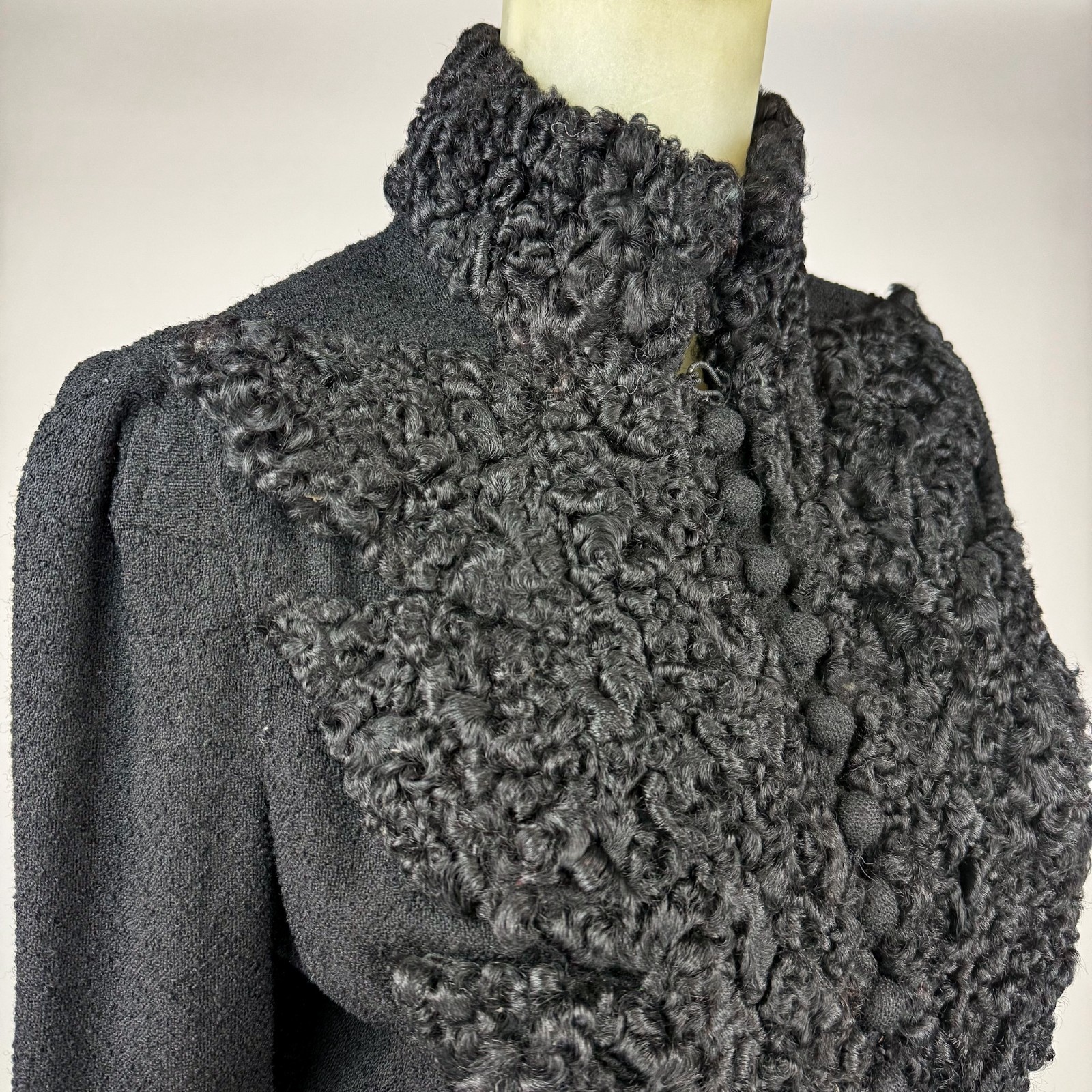 Antique Victorian Mourning Jacket Black Wool Astrakhan Fur High Collar Gothic XS