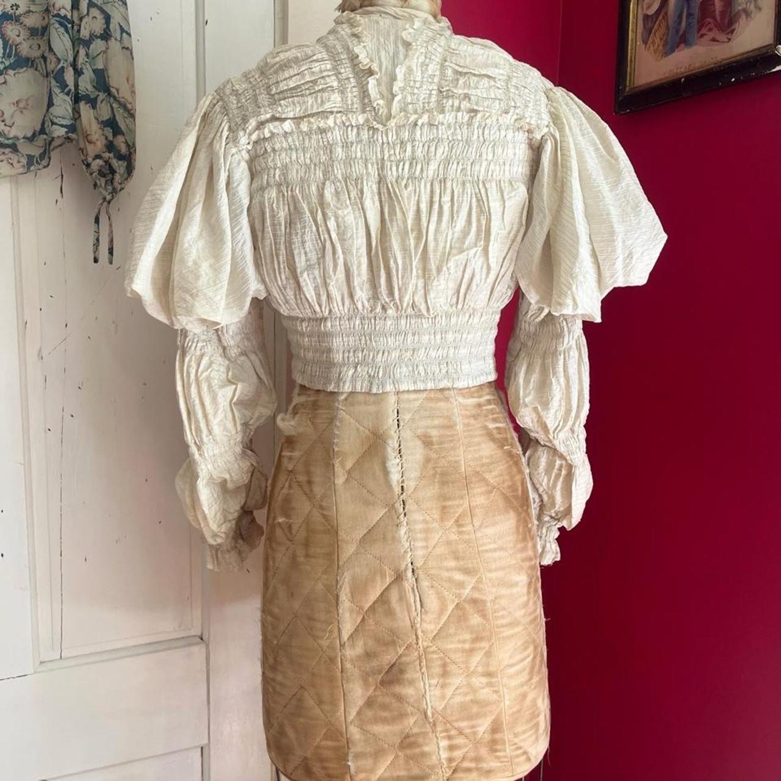 Antique Victorian Mint Green Cream Stripe Silk Ruched Puff Sleeve Bodice XXS