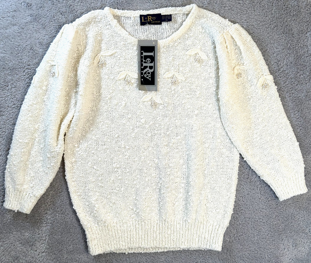 Vtg Le Roy Knitwear Sweater Women’s XL Cream Dangle Pearl Cherry Embroider NWT