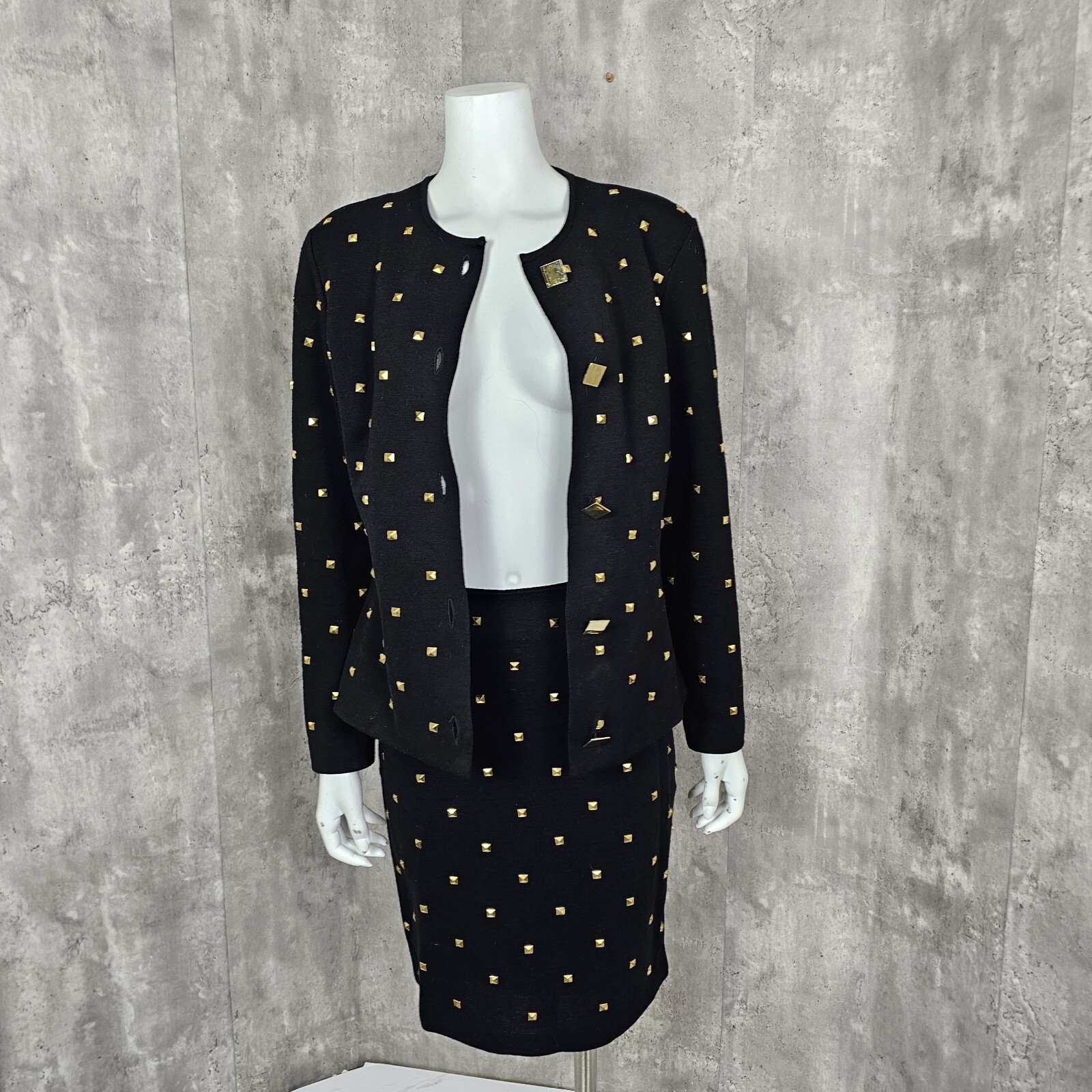 Vintage 80s 90s Outlander Collection Black Skirt Suit Gold Pyramid Studs Career