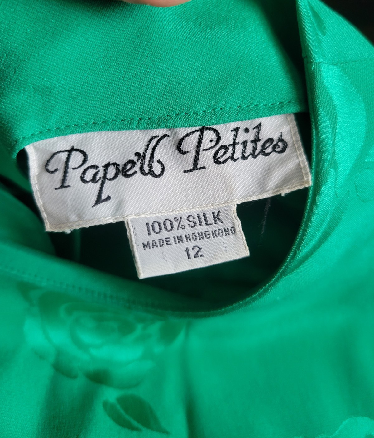VTG 80s Papell 100% Silk Green Belted Stretch waist Dress size 12P Half Sleeve