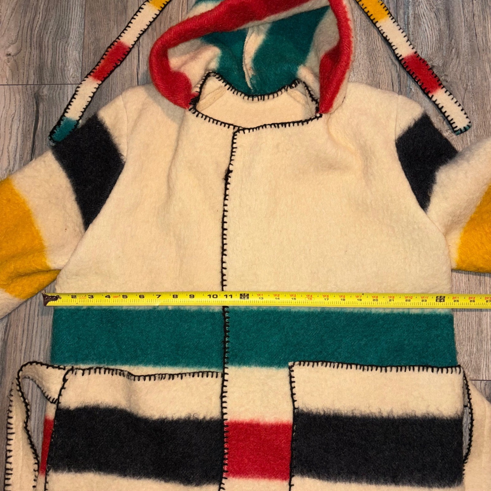 Vintage Handmade Hudson Bay Style Wool Blanket Coat Multi Stripe Hooded Belted