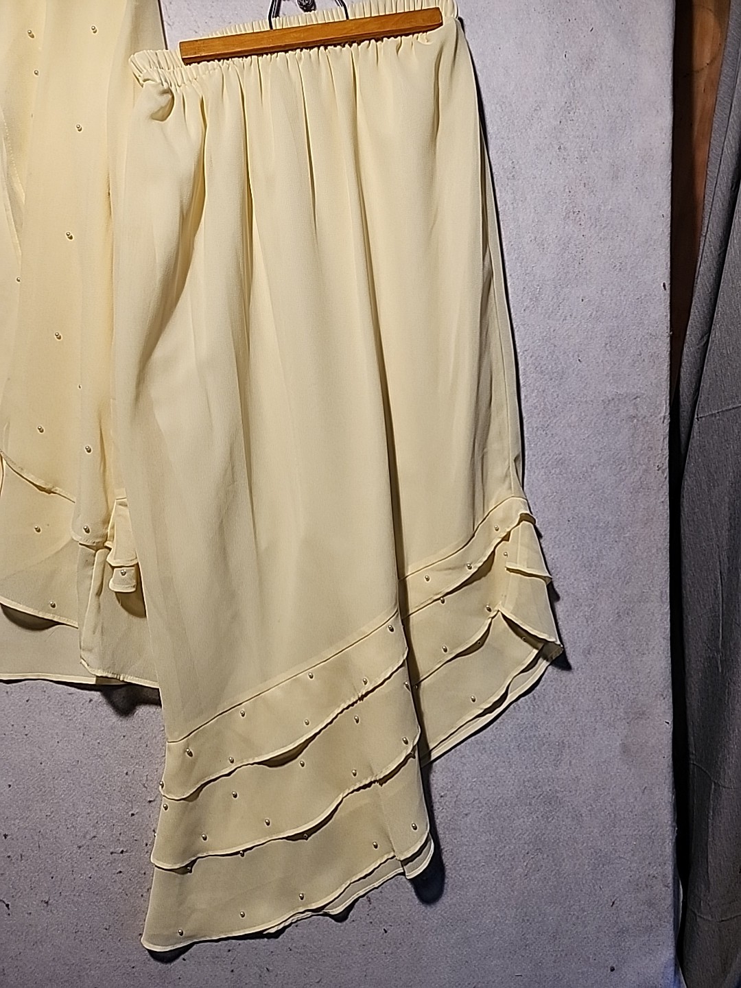 Vintage Butter Yellow Chiffon 3 Piece Skirt Set Wedding Faux Pearls Size XL USA