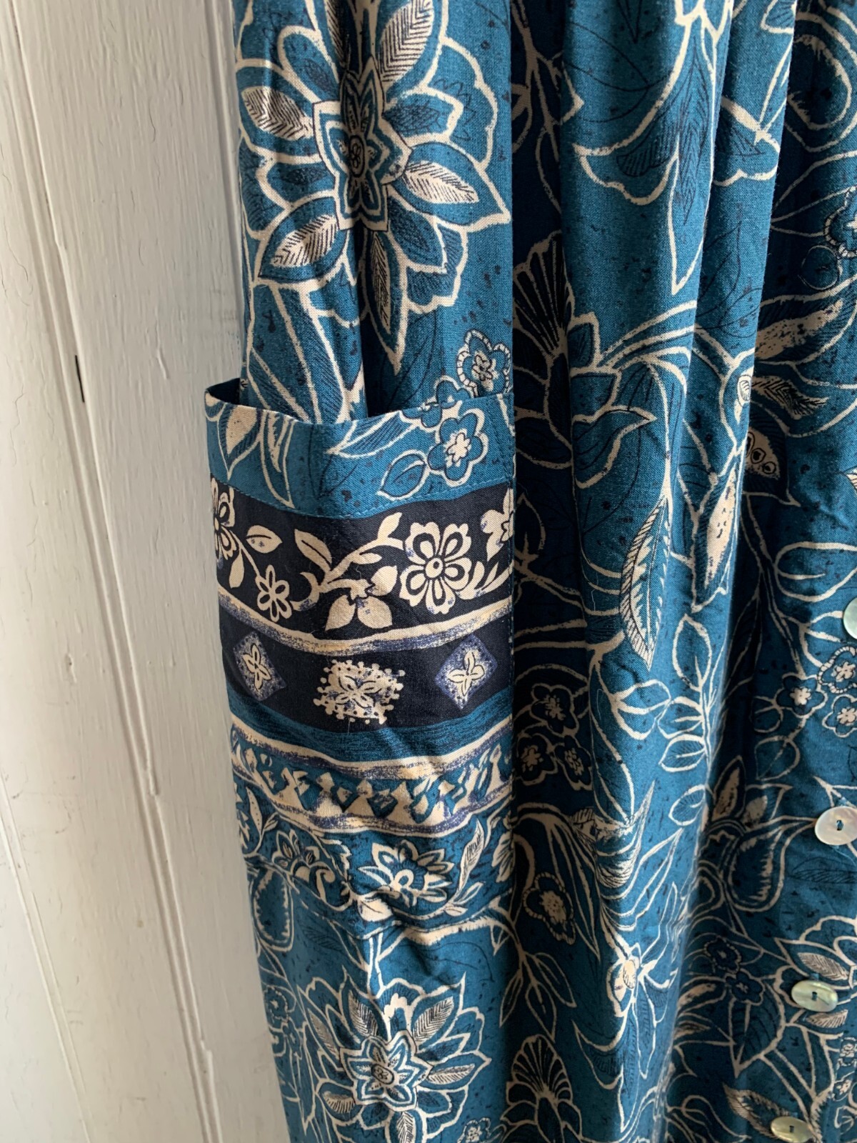 More Jazz Vintage 90s Y2K Blue Floral Waist Tie Maxi Dress Buttons Pockets SZ 2X