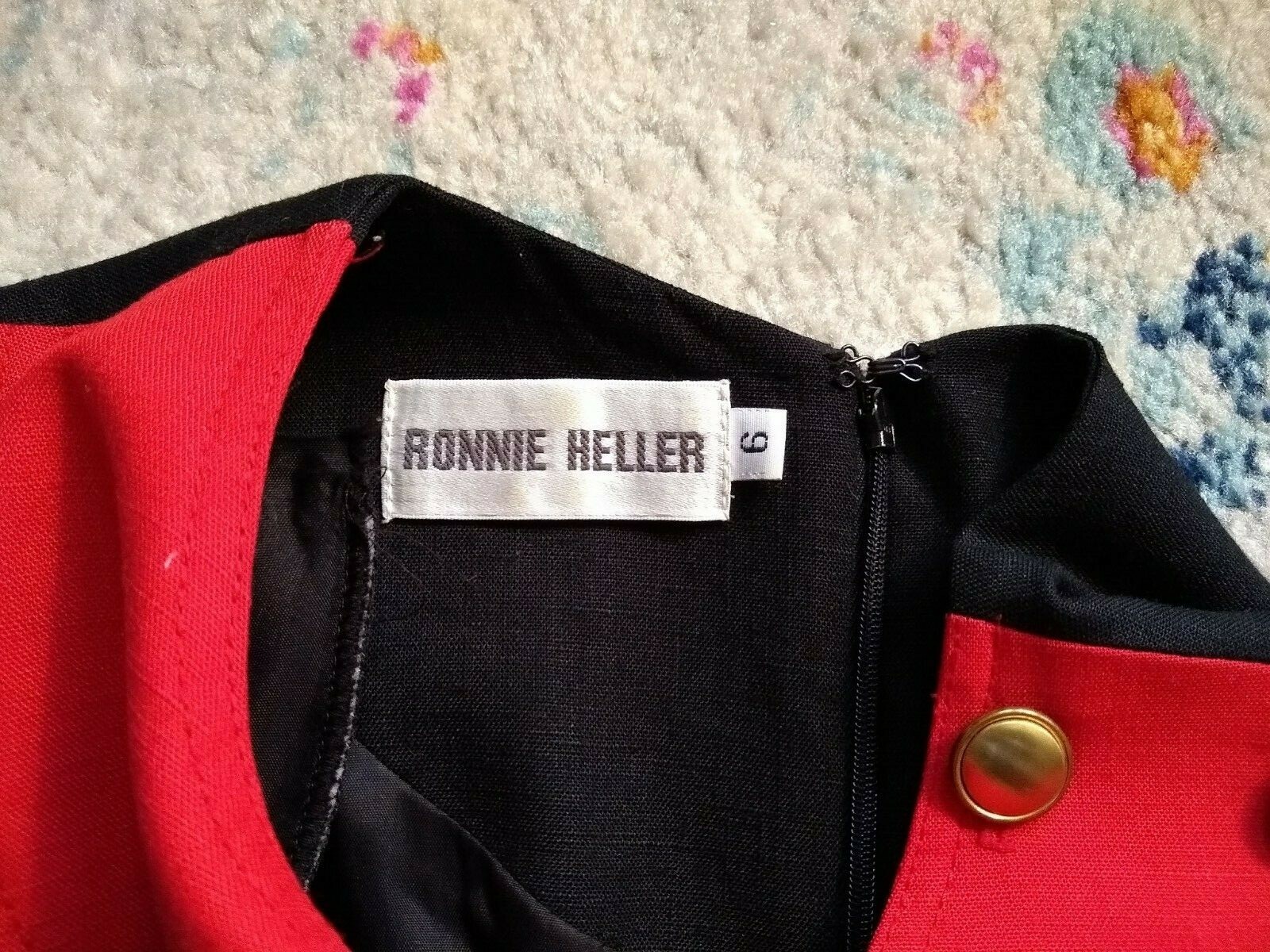 Vtg 1980s RONNIE HELLER Dress Linen Red Black Gold Buttons Secretary Sz 6