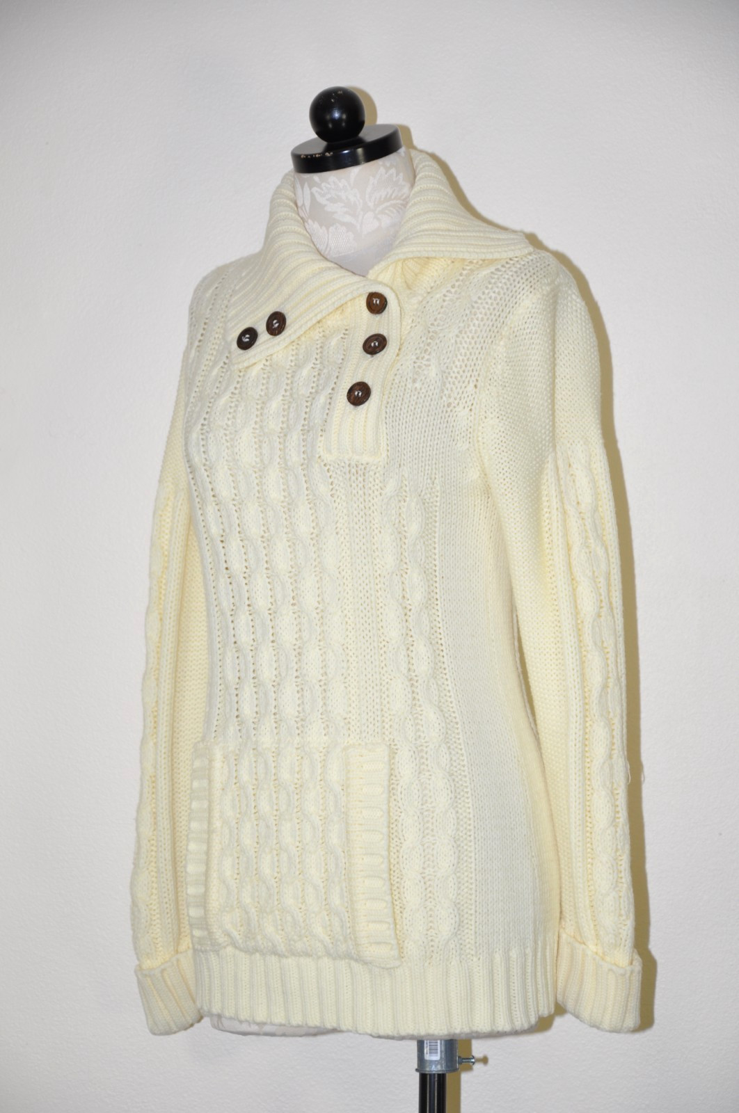 70s Vintage Cream Chunky Cable Knit Buttons Turtleneck Fisherman Sweater Women S