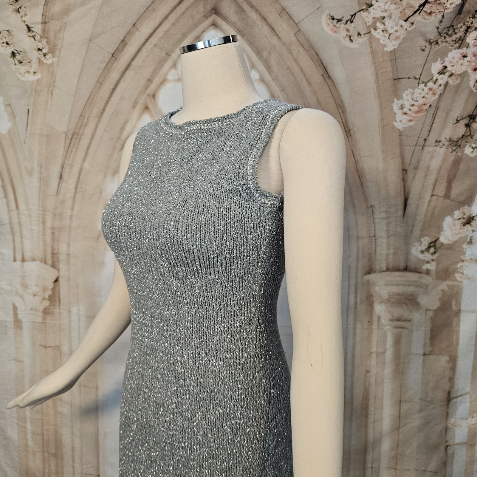 Vintage 1960’s Dress Minidress Silver Gray Metallic Knit Sleeveless Retro Disco