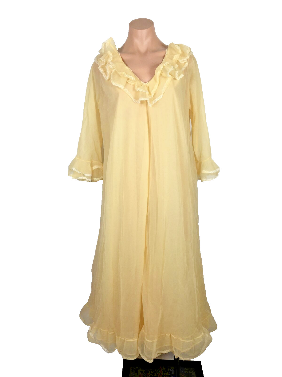 Vtg 60s Worth Chiffon Robe Ruffle Babydoll Sweep Lingerie Nightgown Wedding S