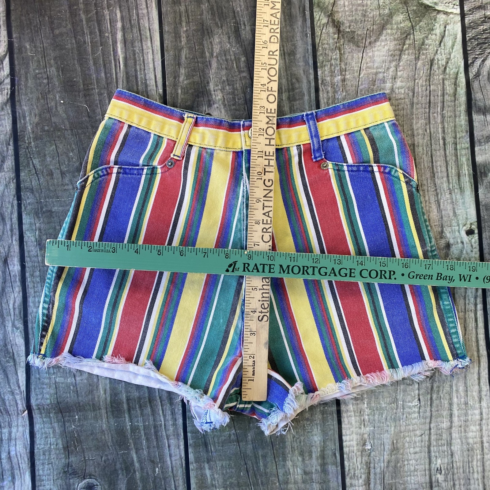 Vintage Bonjour Women’s Junior 9/10 Shorts Colorful Stripes Denim Jean Fray Hem