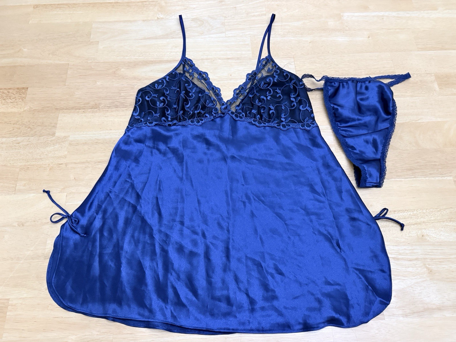 Vintage 80s 90s Lingerie Set Navy Blue Lace Silky Satin Sheer Sexy Thong Undie L