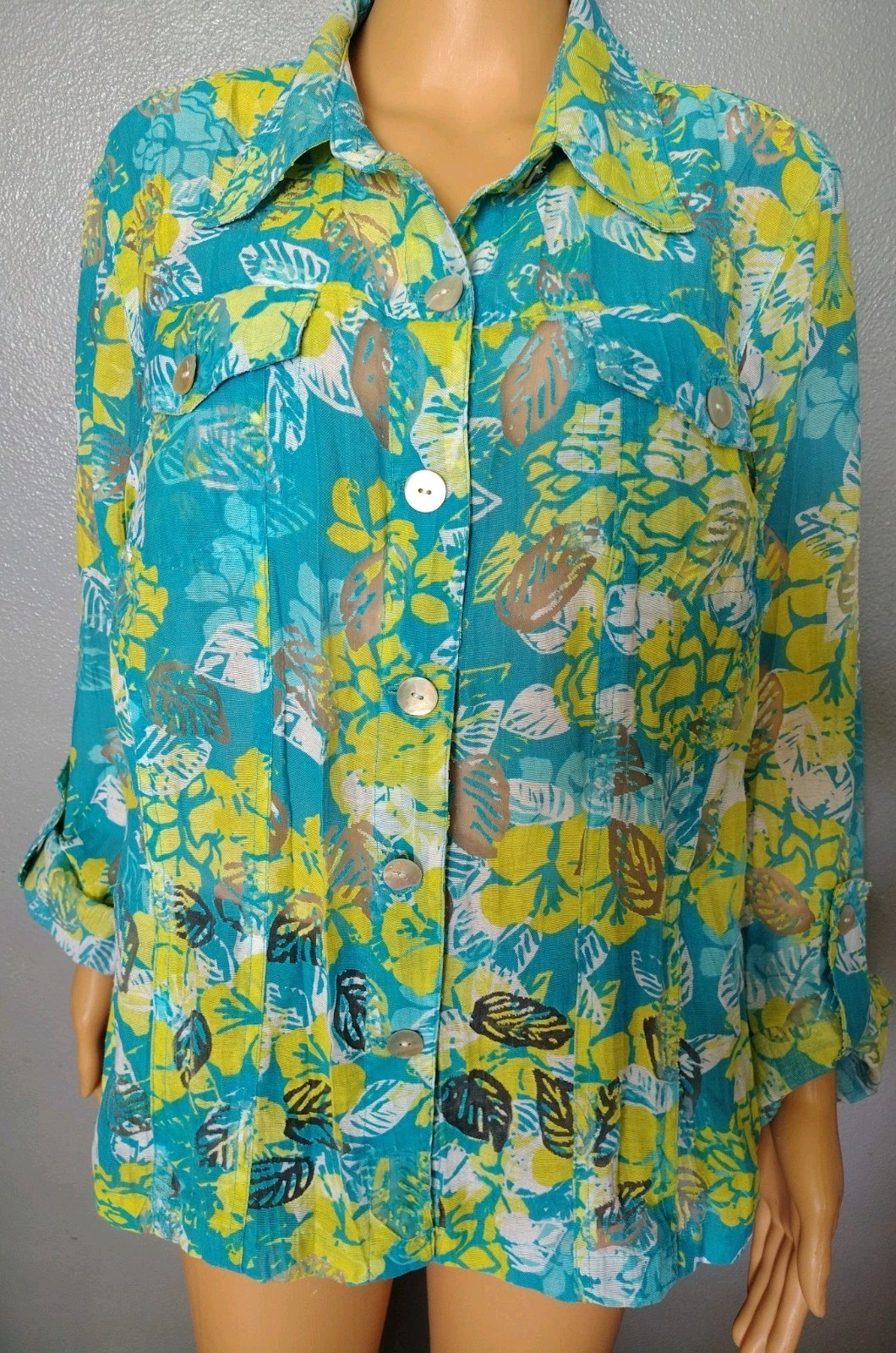 Vintage Woman’s Size 18W Ruby Rd Bottom Down Tropical Floral Semi-Sheer Top