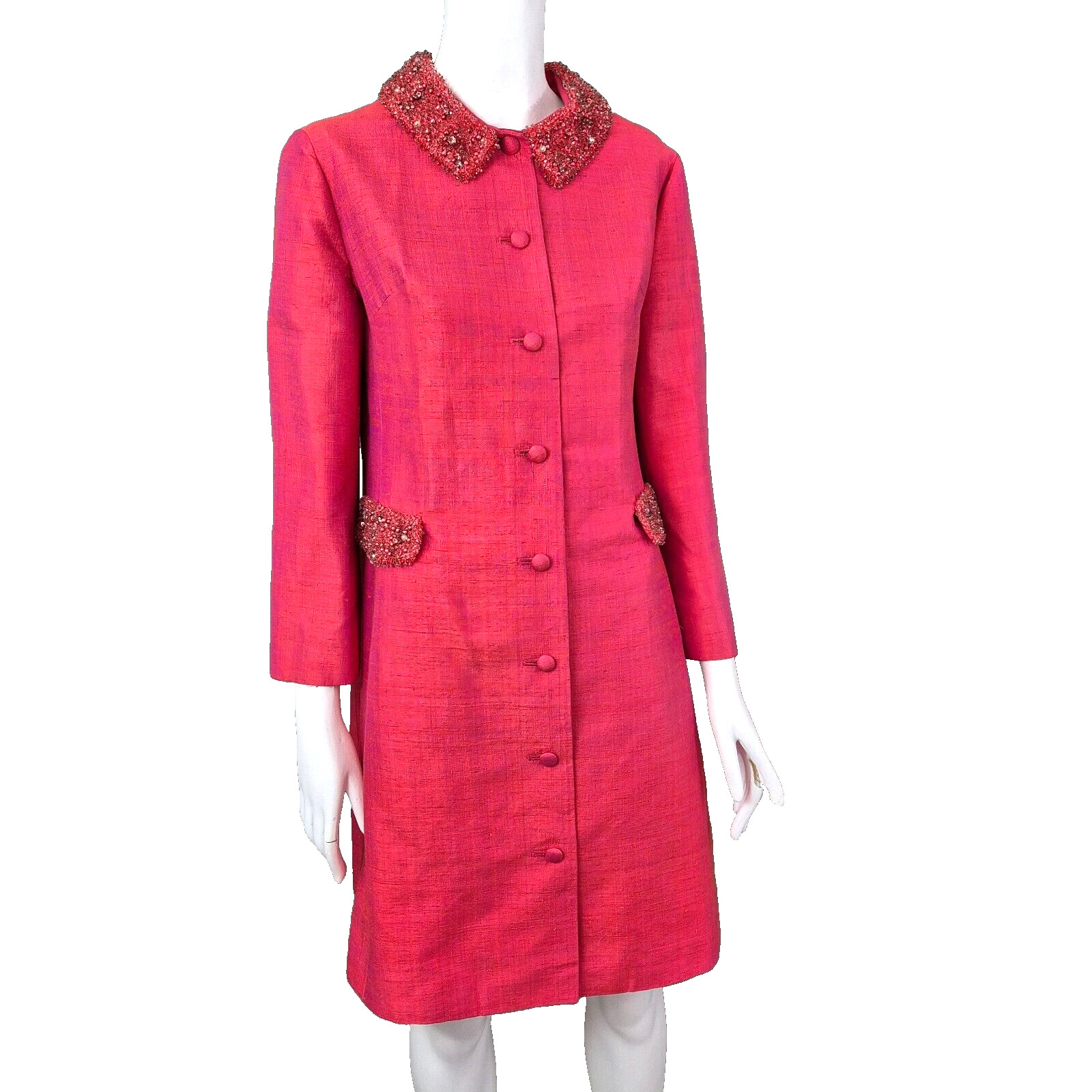 Exquisite 1960’s Shot Silk Coat Pink Tangerine Classic Evening Coat Beaded Sz 12