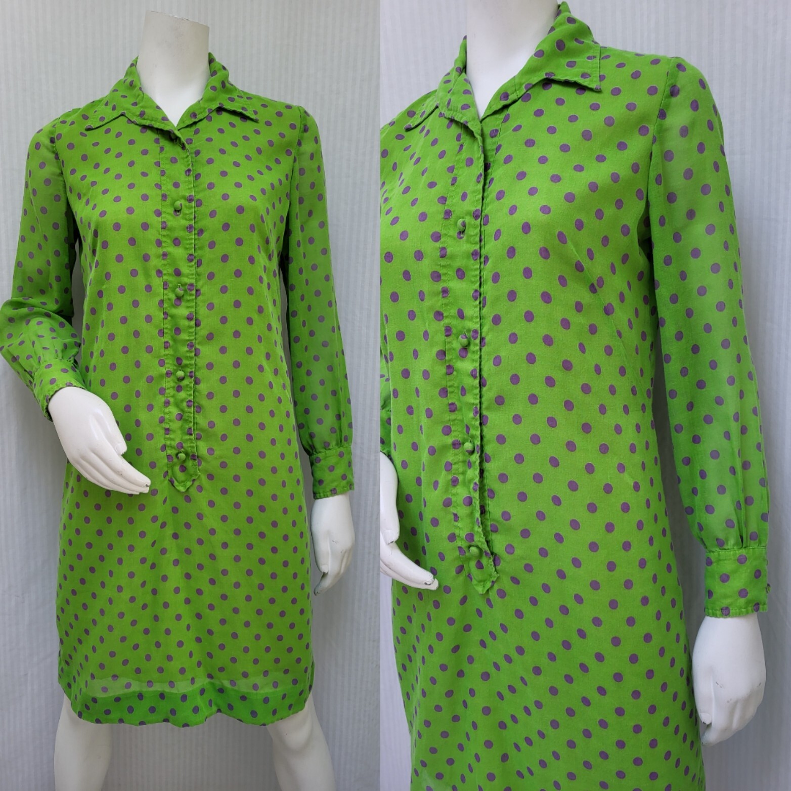 Vintage 60/70s CALIFORNIA CHARMER Green Purple Polka Dot Shirt Dress – Size S/M