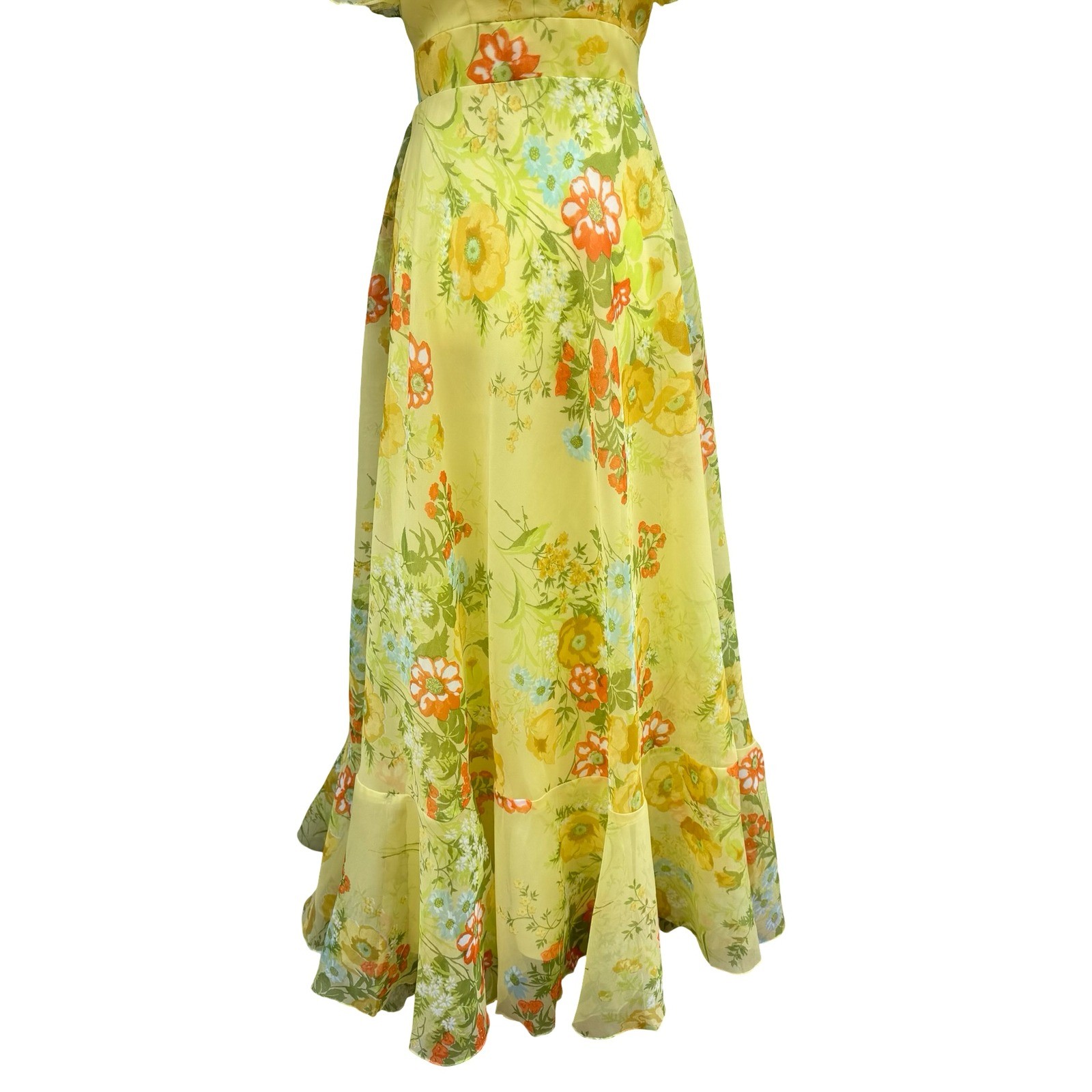 Vintage 70s Butter Yellow Floral Cottagecore Chiffon Ruffle Tiered Maxi Dress XS