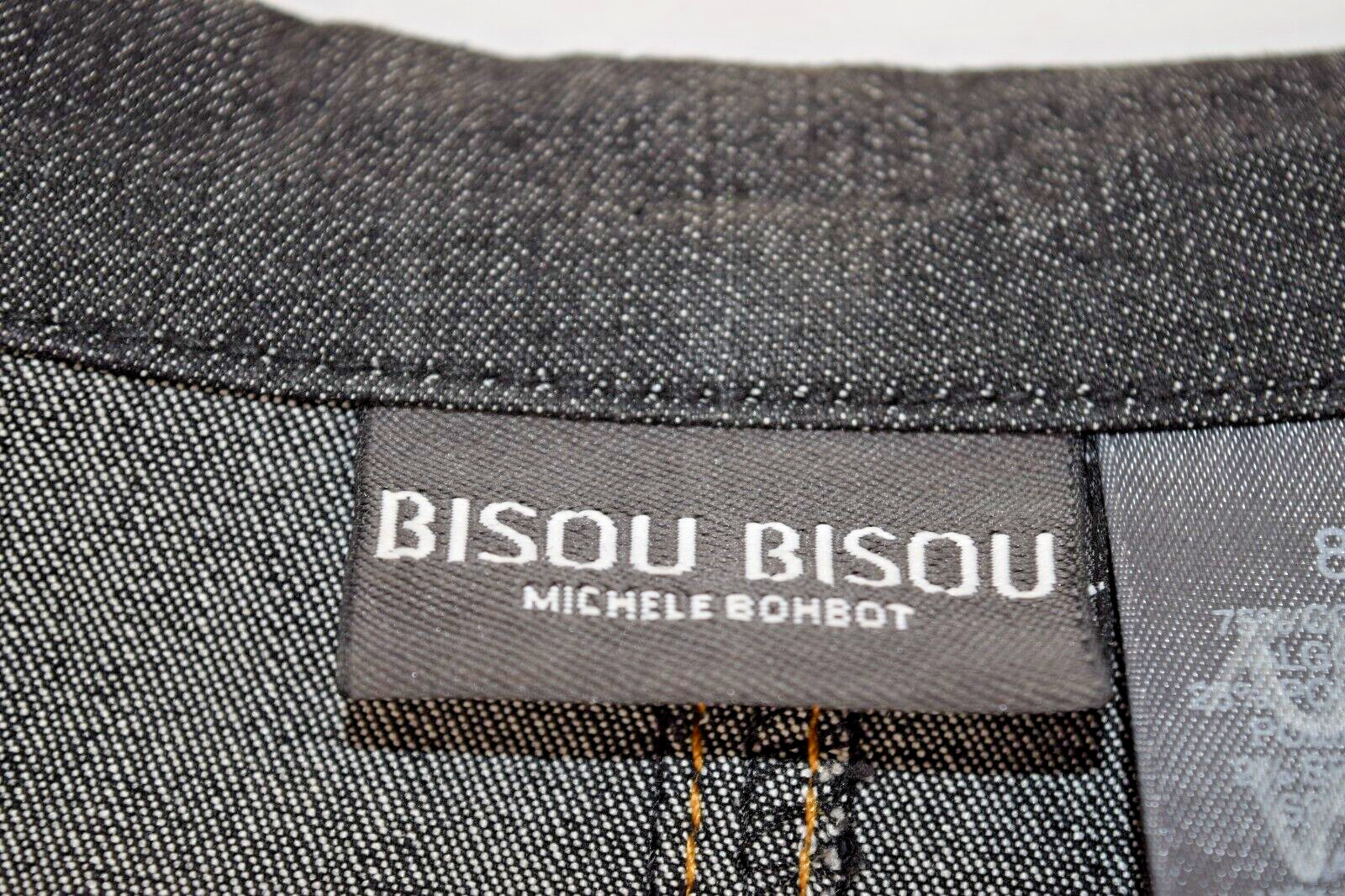 Vintage Denim Blazer Jacket Bisou Bisou Size 8 90s Blue Gold Stitch Fitted
